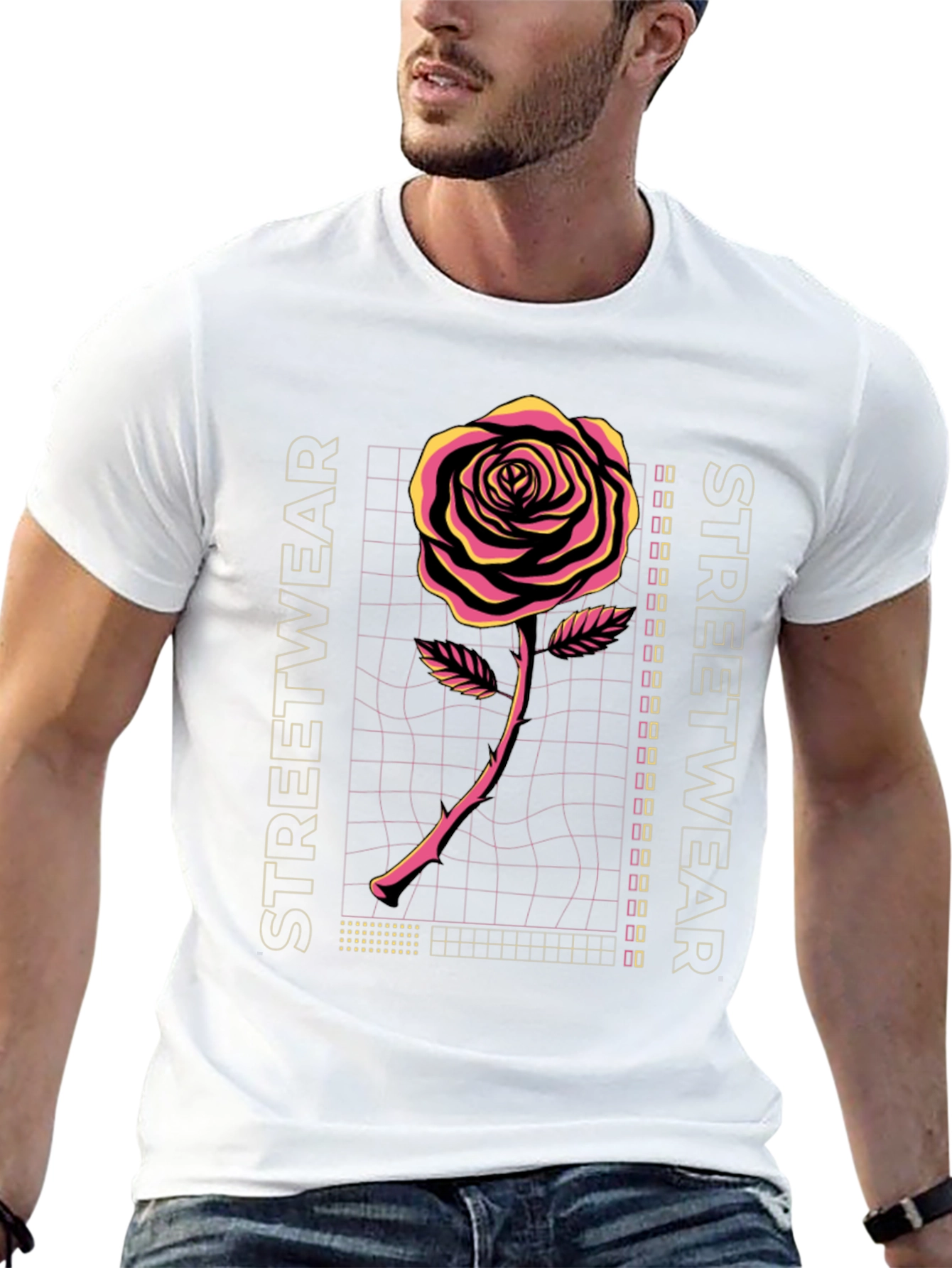 Retro Rose Streetwear Graphic Tee - Black