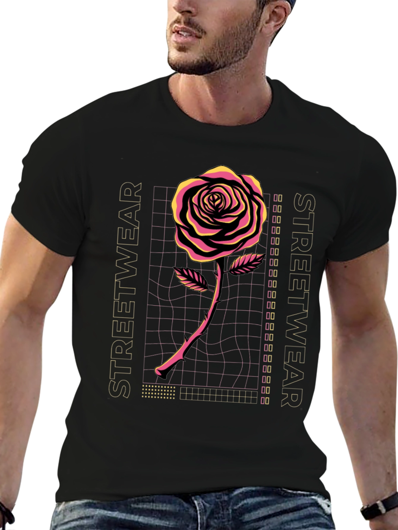 Retro Rose Streetwear Graphic Tee - Black