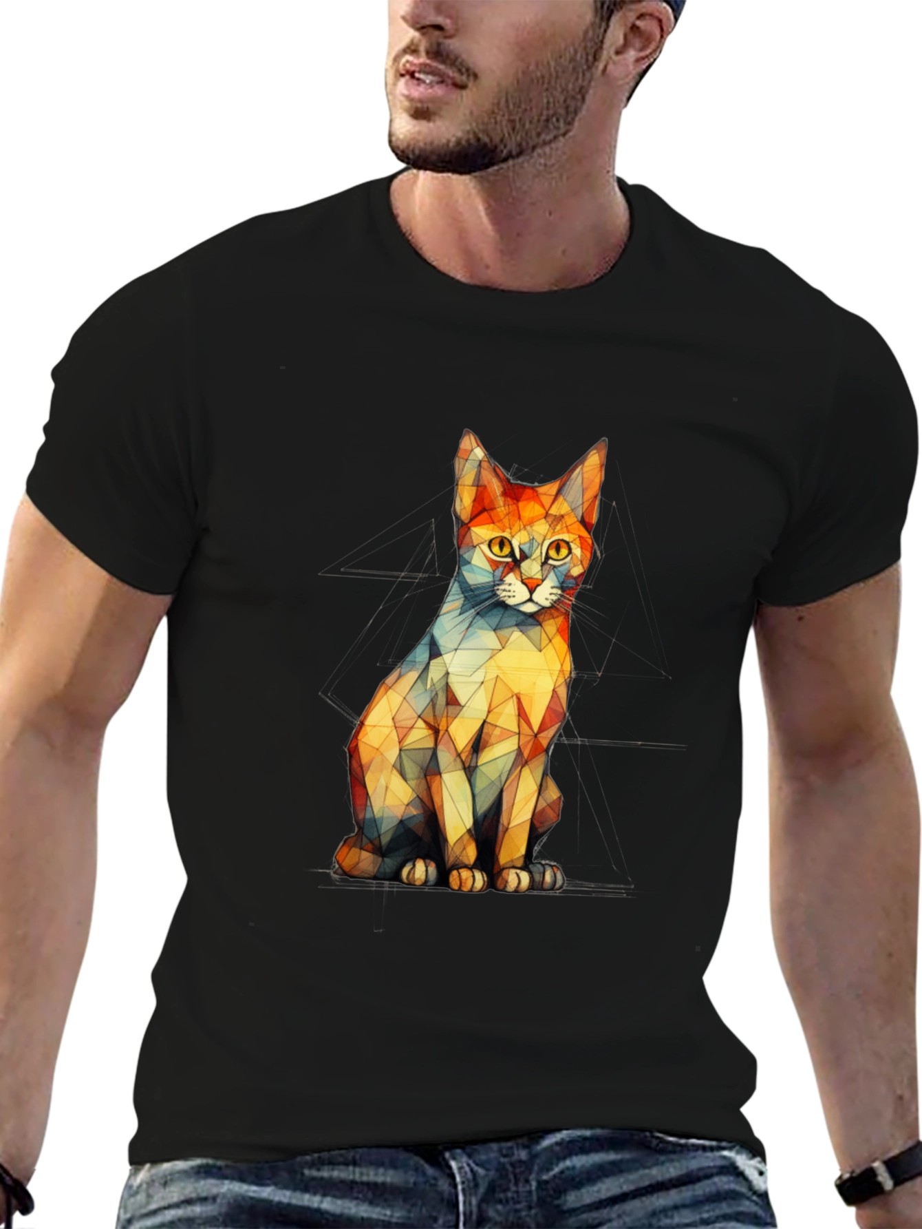 Geometric Cat Graphic Black T-Shirt