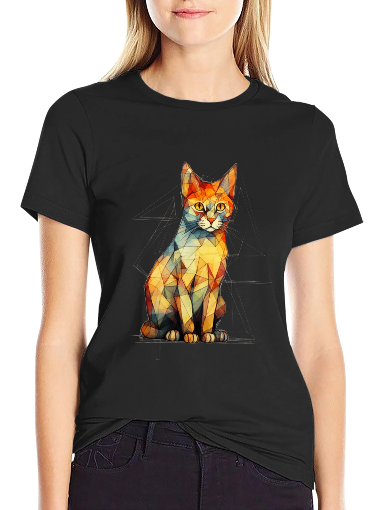 Geometric Cat Graphic Black T-Shirt