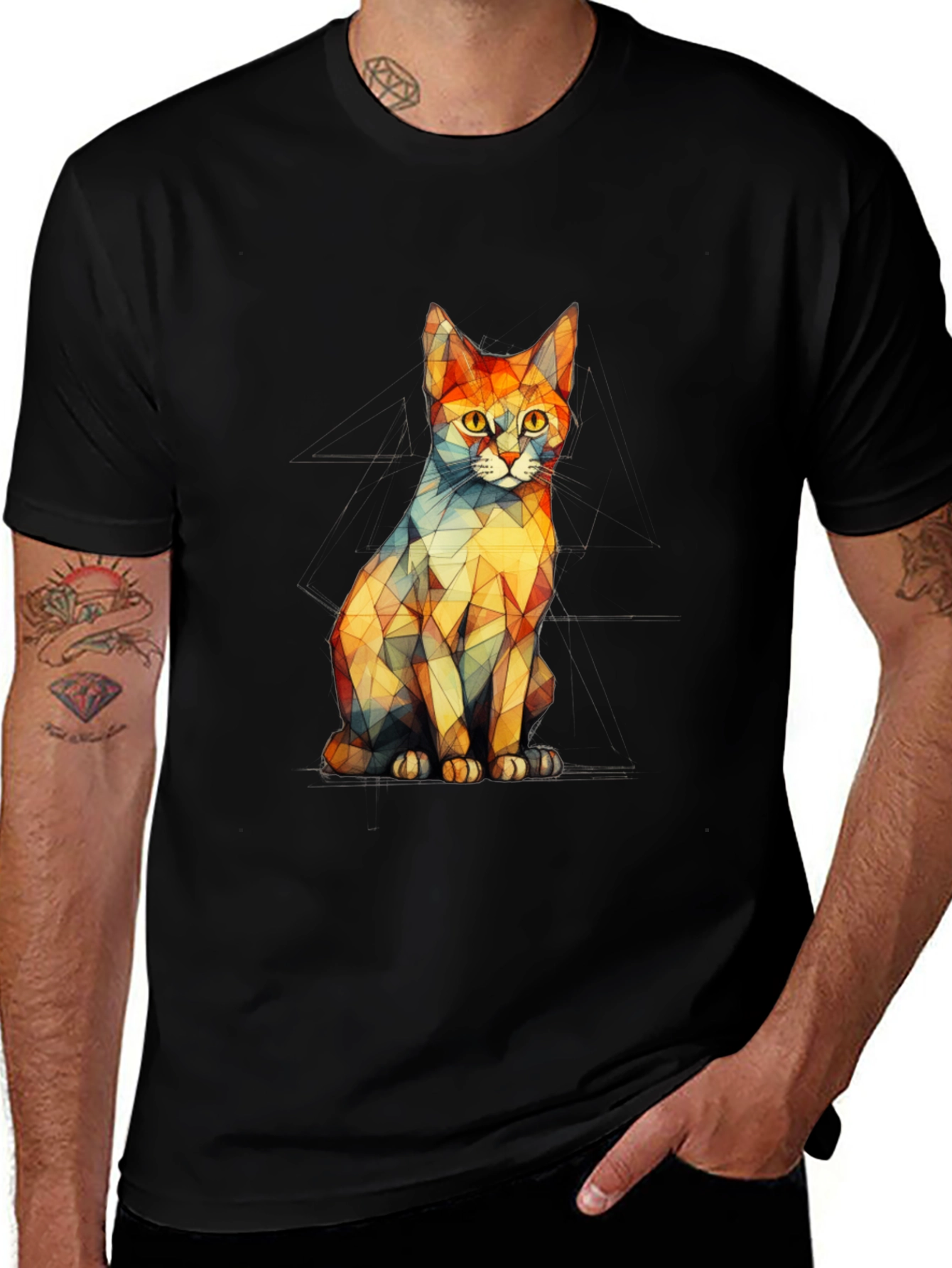 Geometric Cat Graphic Black T-Shirt