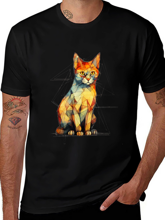 Geometric Cat Graphic Black T-Shirt