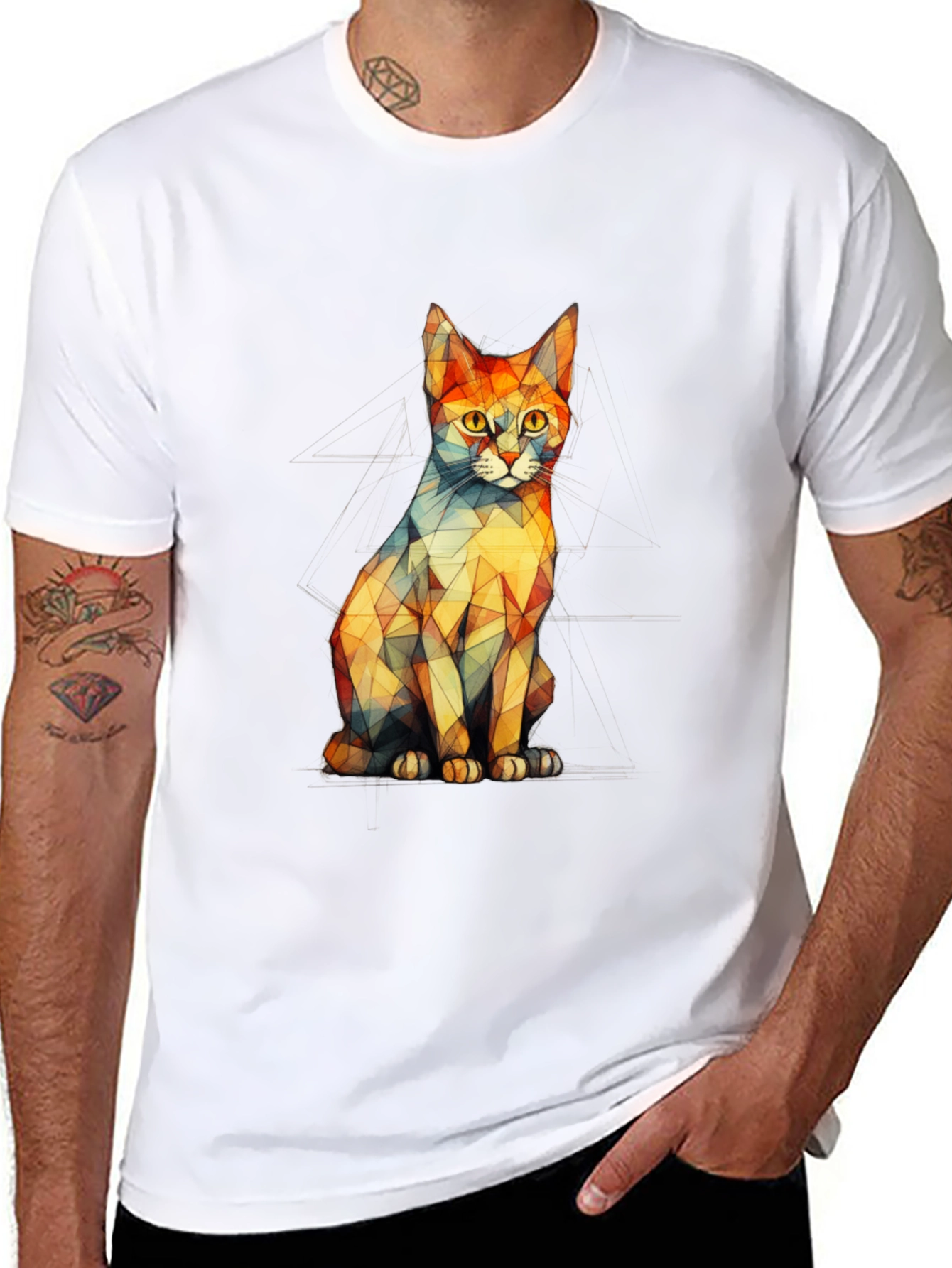 Geometric Cat Graphic Black T-Shirt