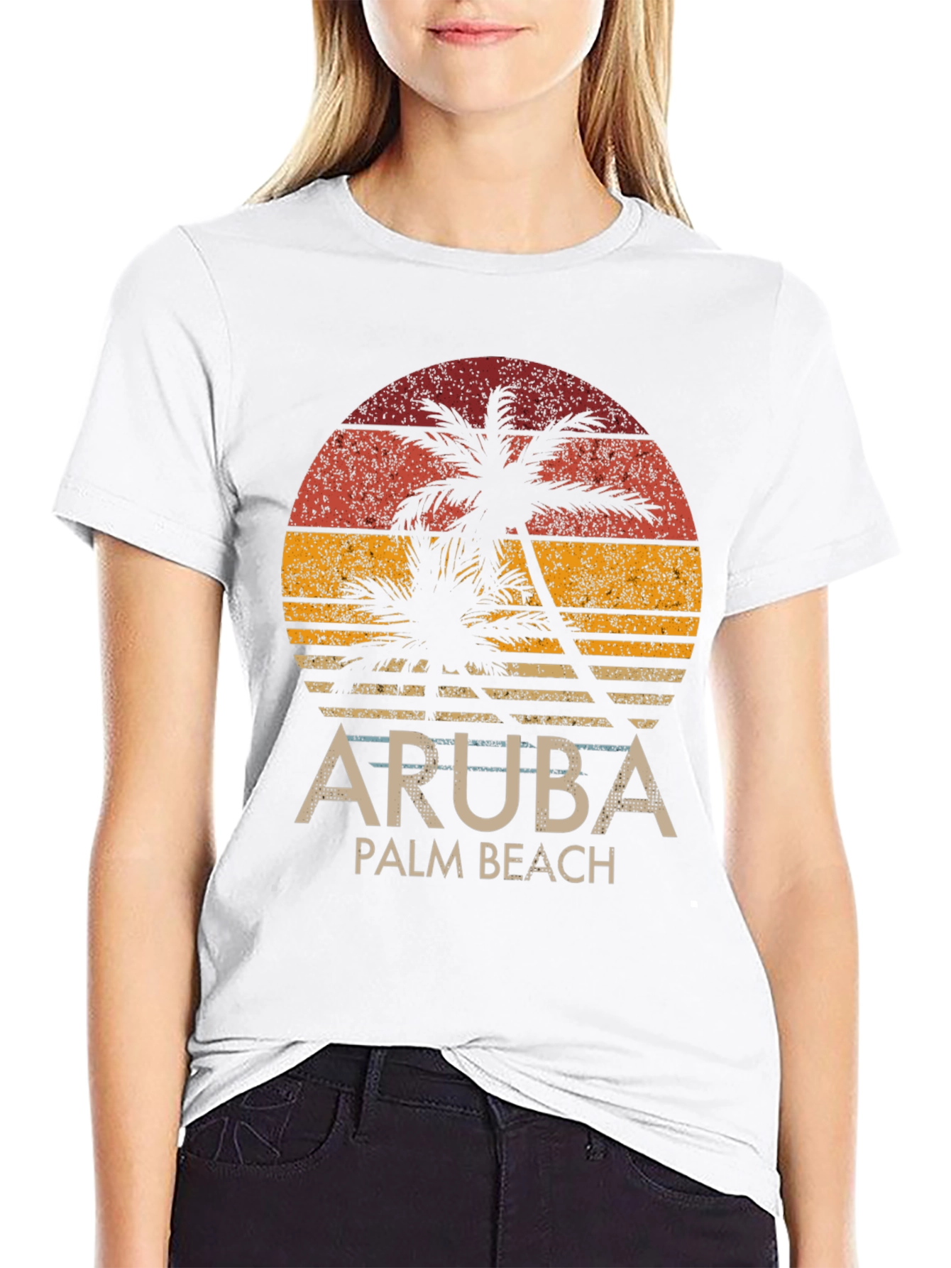Aruba Palm Beach Graphic Tee - Tropical Sunset Design