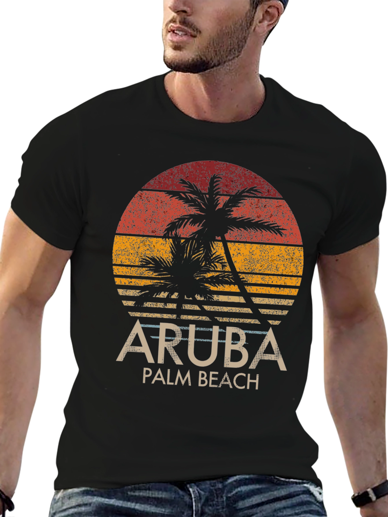 Aruba Palm Beach Graphic Tee - Tropical Sunset Design