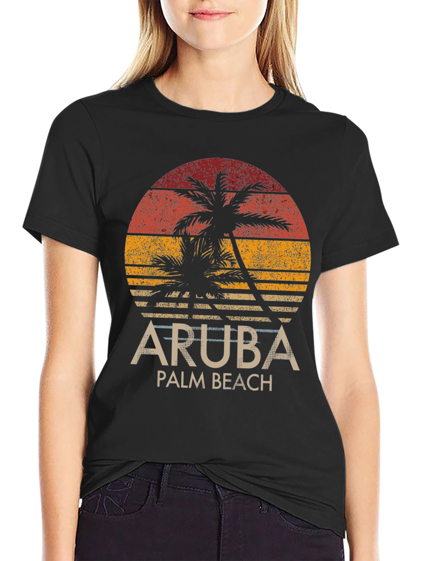 Aruba Palm Beach Graphic Tee - Tropical Sunset Design