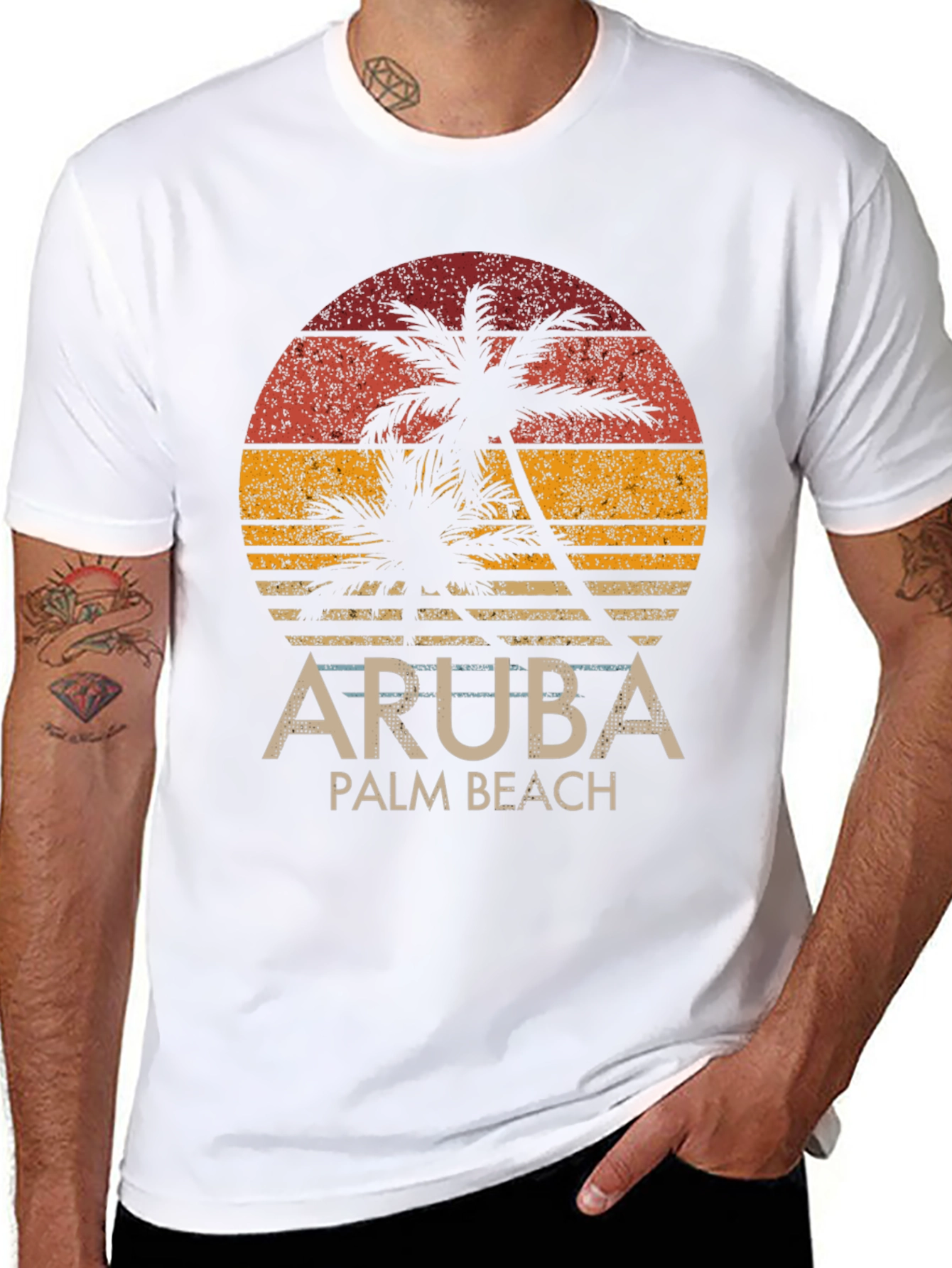 Aruba Palm Beach Graphic Tee - Tropical Sunset Design