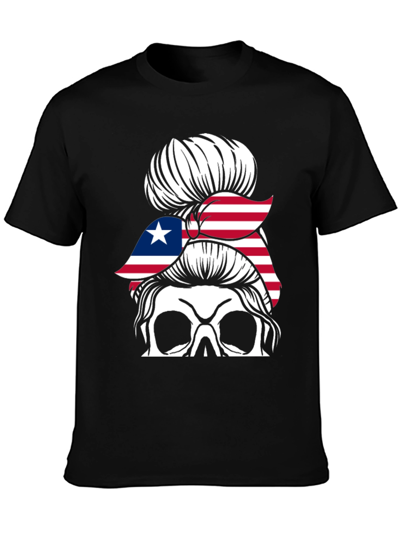 Liberia Flag Skull Messy Bun T-Shirt