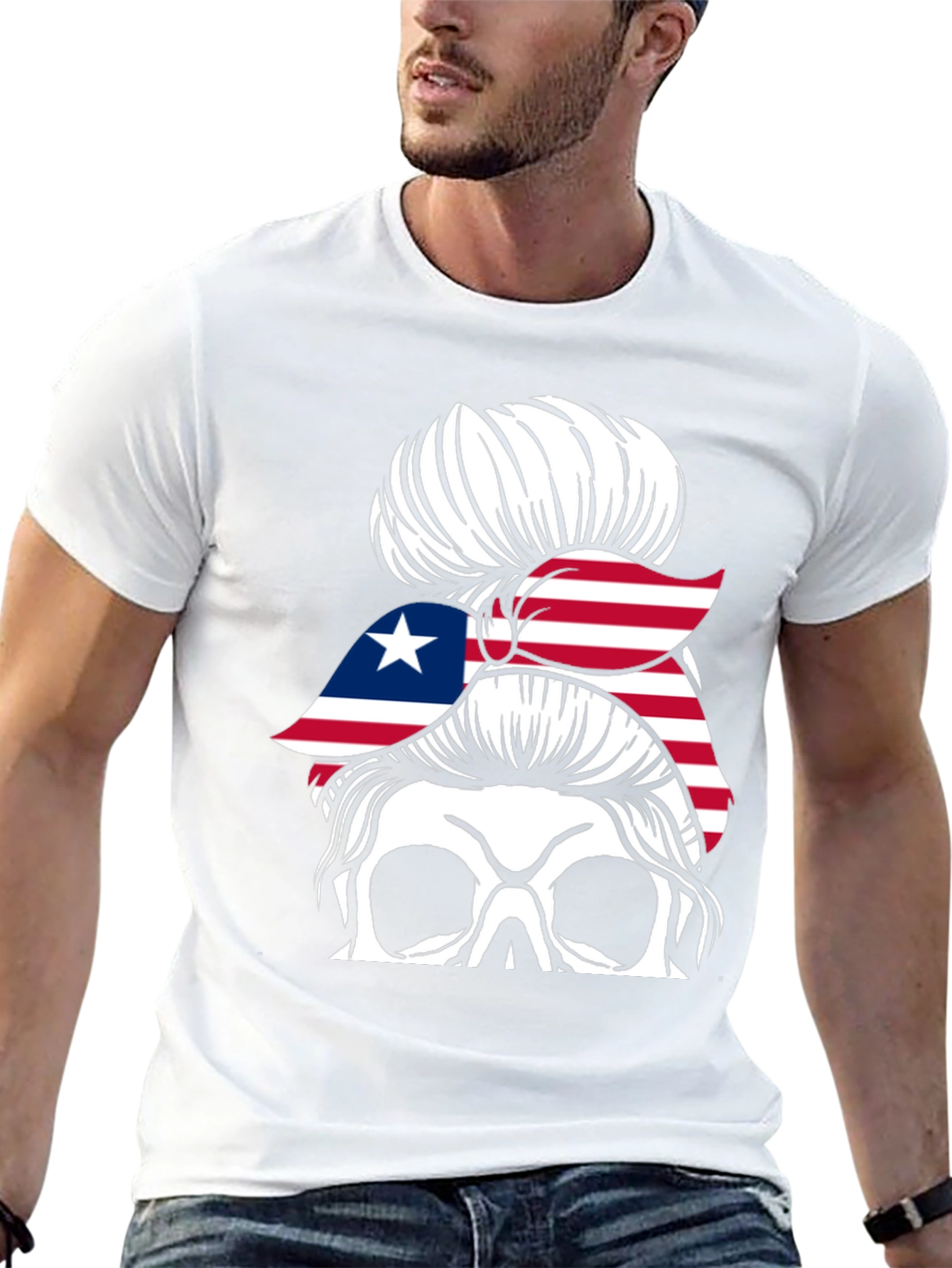 Liberia Flag Skull Messy Bun T-Shirt