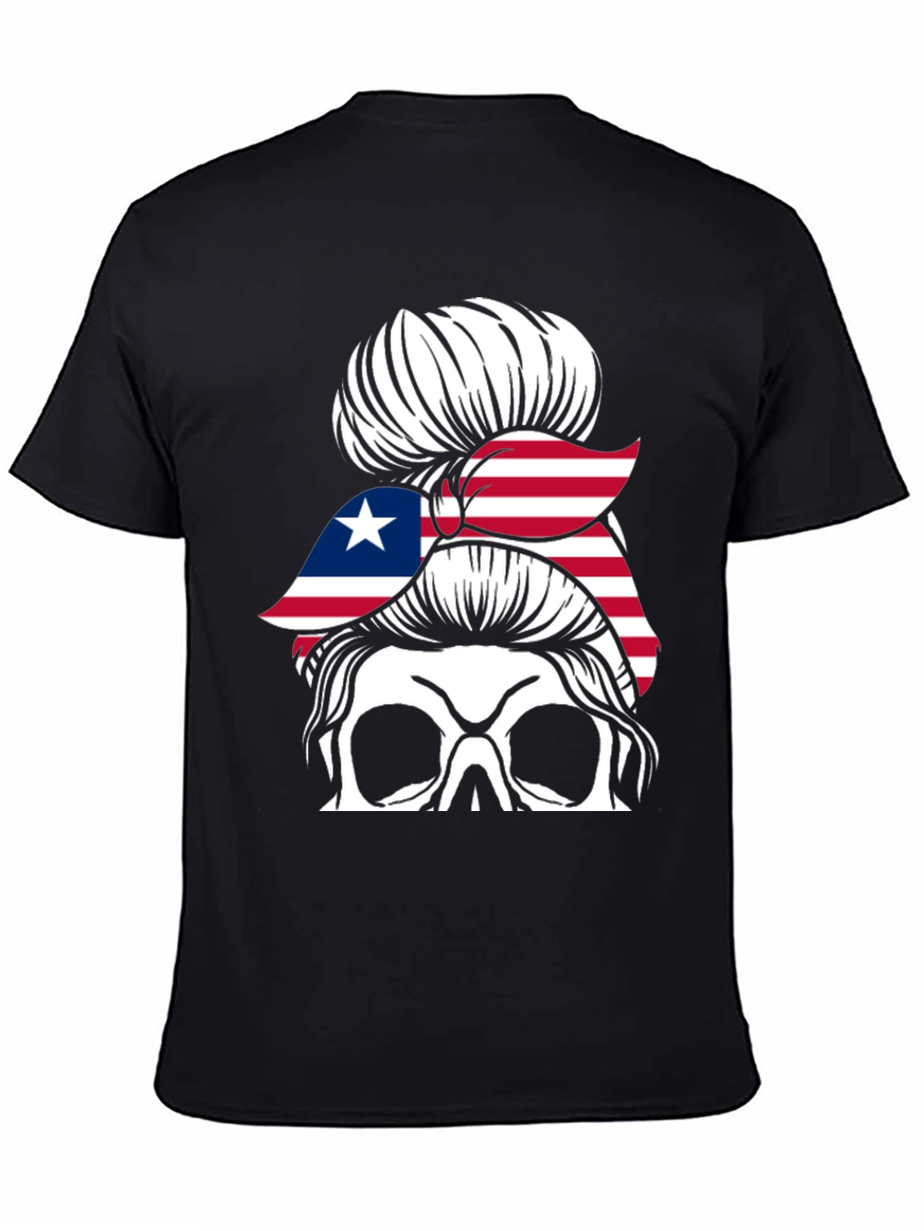Liberia Flag Skull Messy Bun T-Shirt