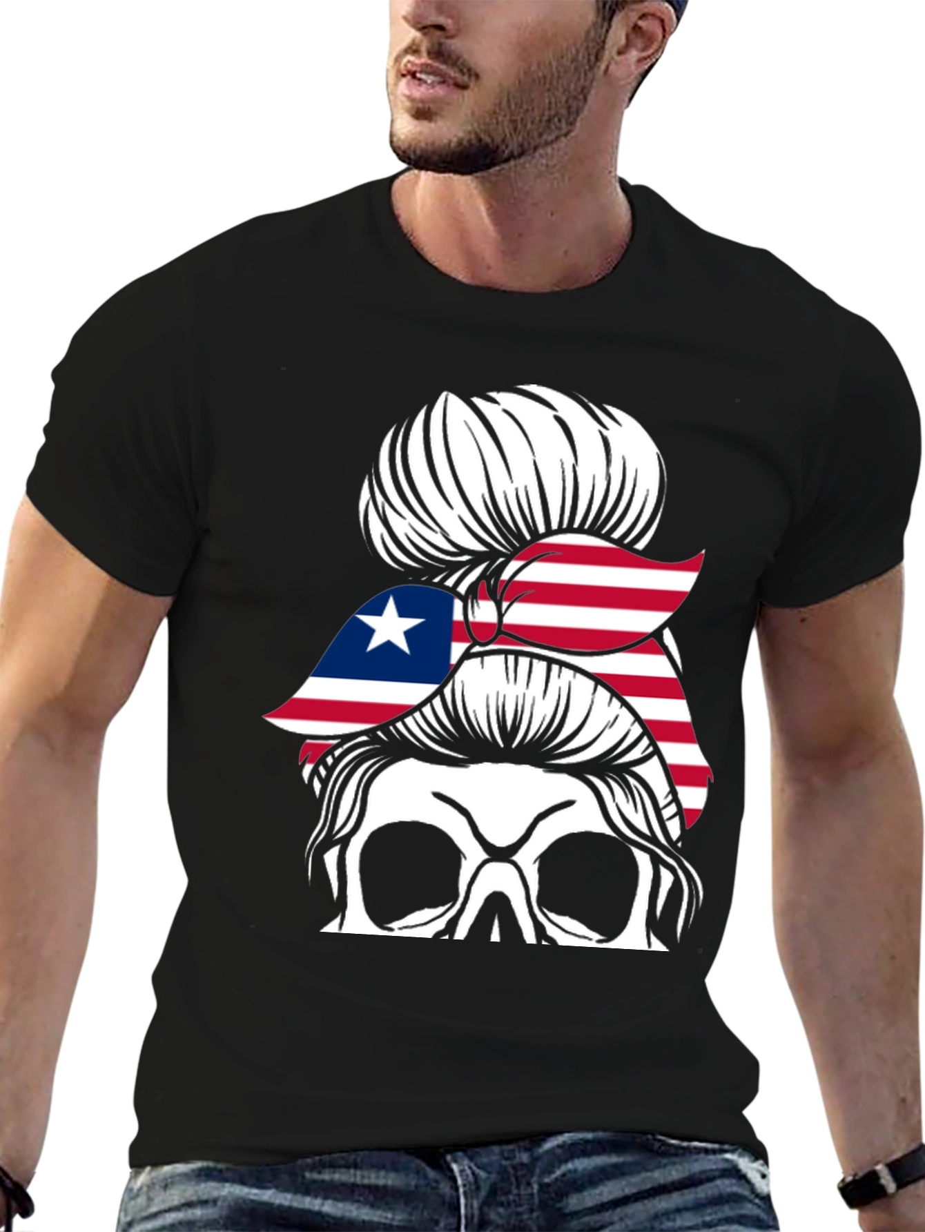 Liberia Flag Skull Messy Bun T-Shirt