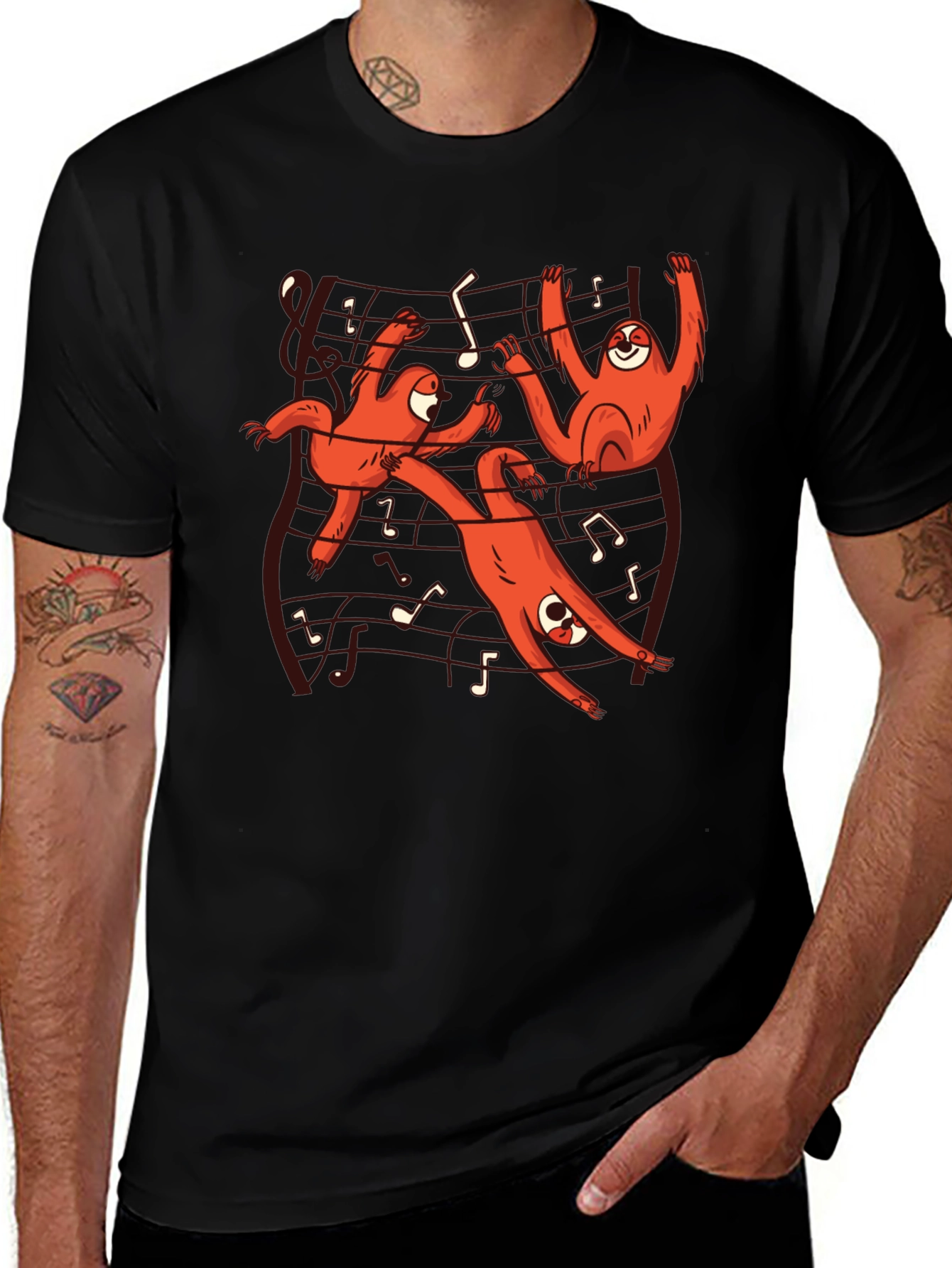 Musical Sloth Graphic Tee - Black Cotton T-Shirt