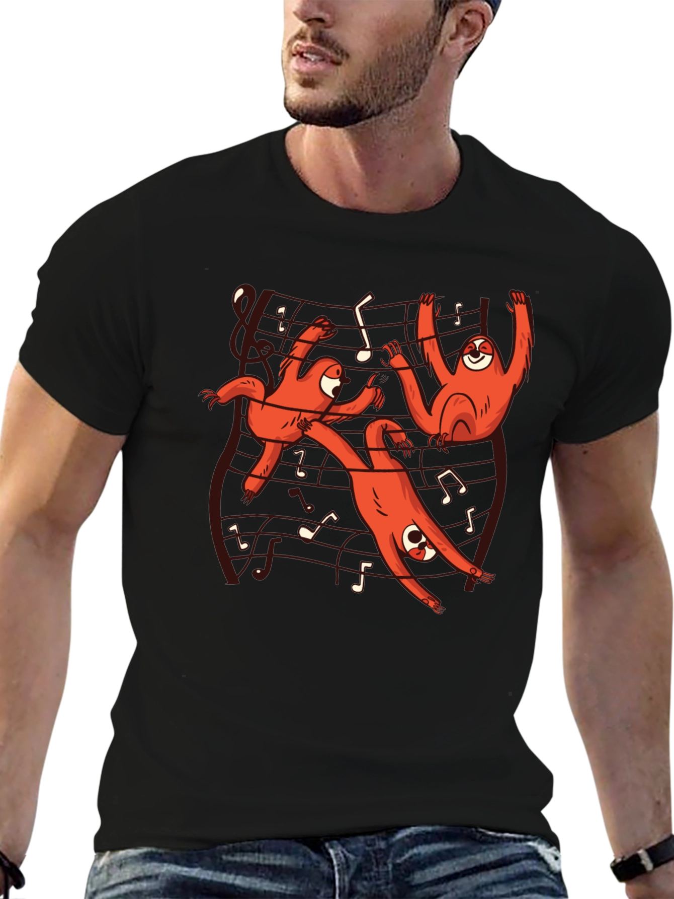 Musical Sloth Graphic Tee - Black Cotton T-Shirt