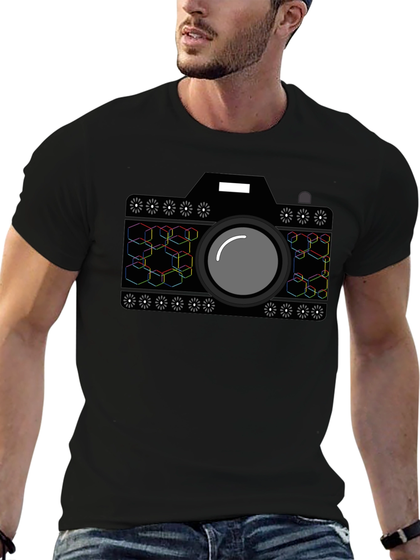 Geometric Camera Graphic T-Shirt - Black