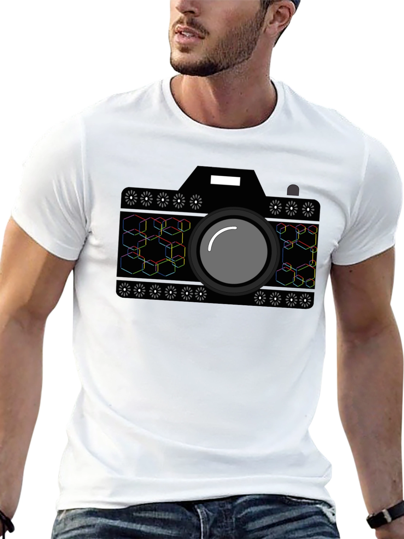 Geometric Camera Graphic T-Shirt - Black