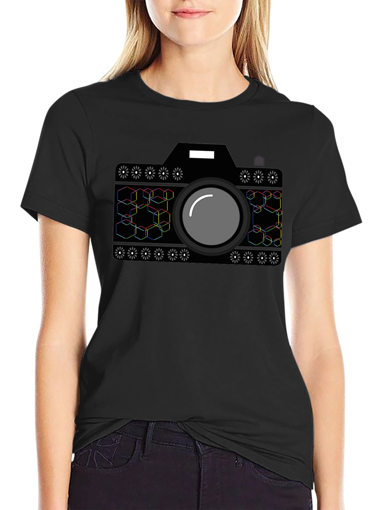 Geometric Camera Graphic T-Shirt - Black