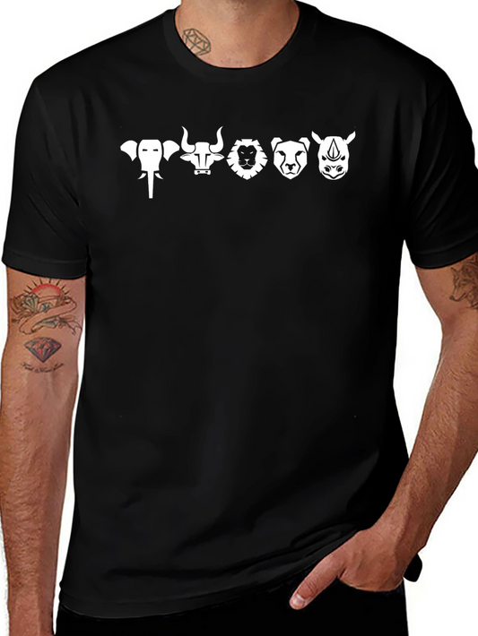 Animal Icon Black T-Shirt: Elephant Bull Lion Cheetah Rhino