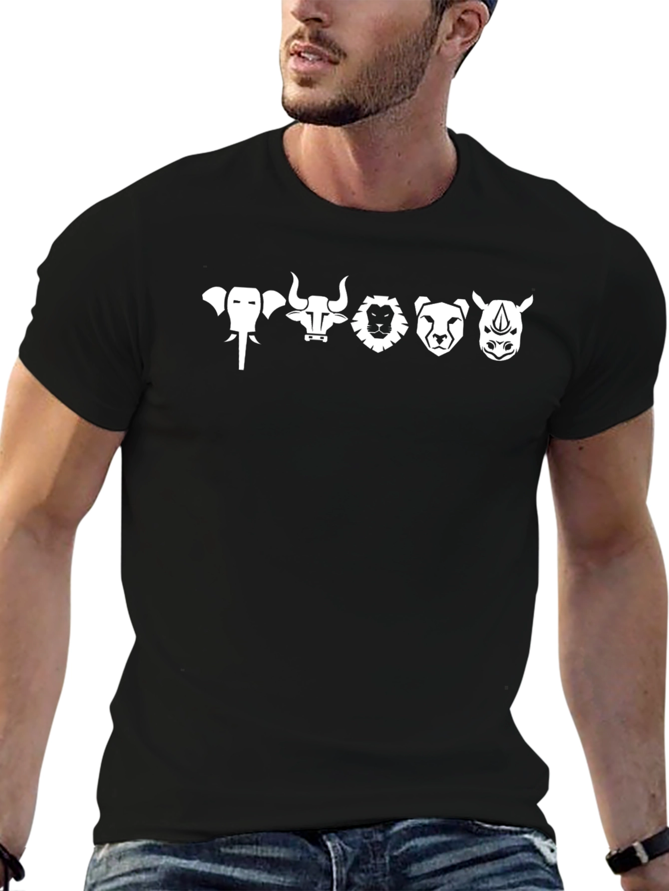 Animal Icon Black T-Shirt: Elephant Bull Lion Cheetah Rhino