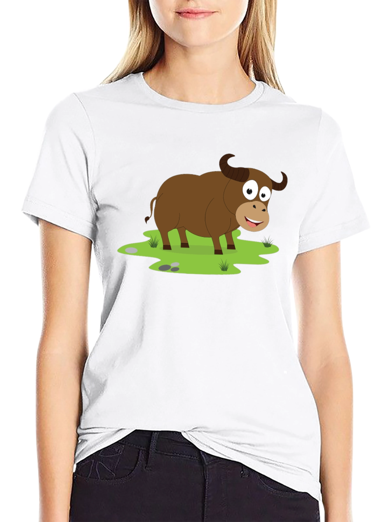 Cartoon Buffalo Graphic Tee - Black Cotton T-Shirt