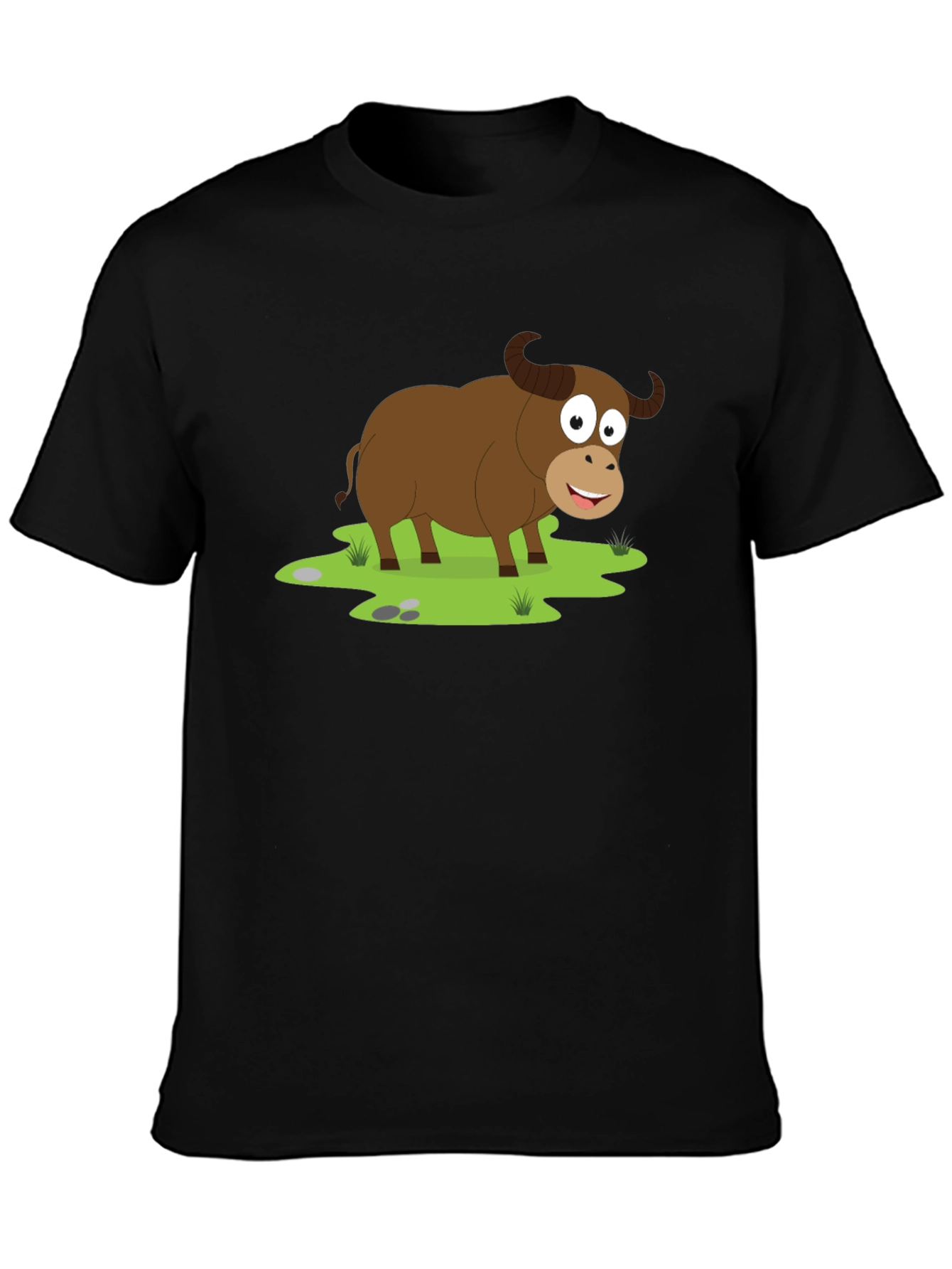 Cartoon Buffalo Graphic Tee - Black Cotton T-Shirt