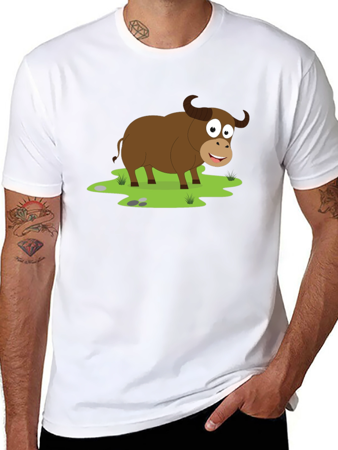 Cartoon Buffalo Graphic Tee - Black Cotton T-Shirt