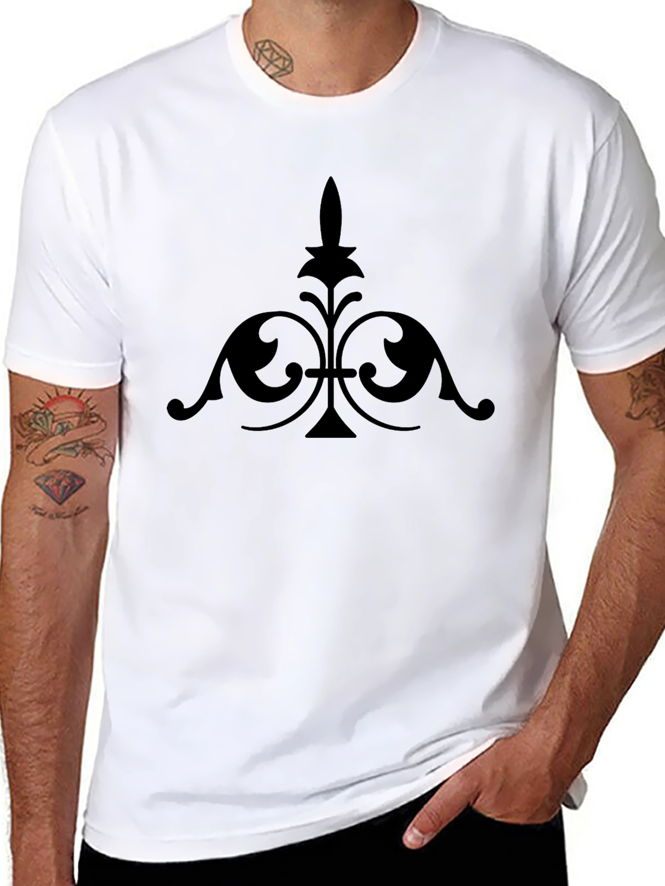 Elegant Black Tee with Ornamental Fleur-de-Lis Design