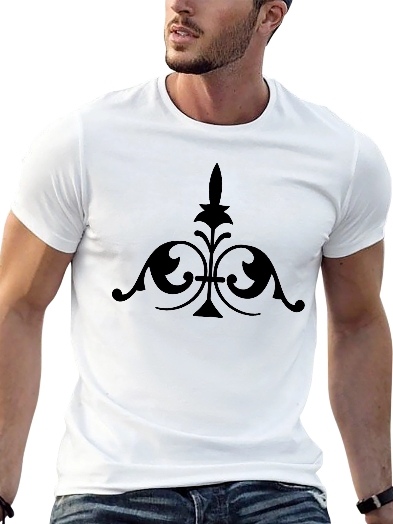 Elegant Black Tee with Ornamental Fleur-de-Lis Design