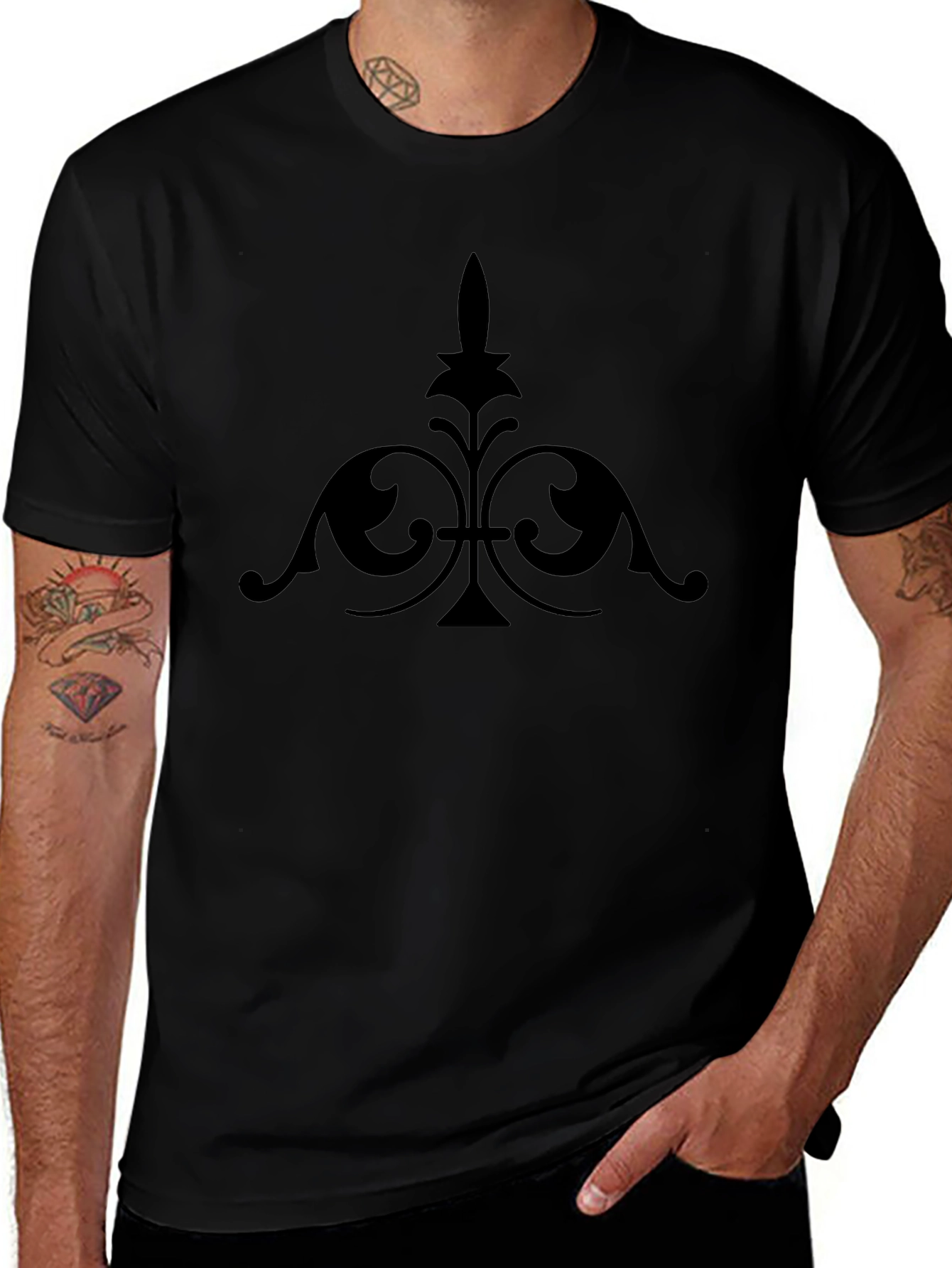 Elegant Black Tee with Ornamental Fleur-de-Lis Design