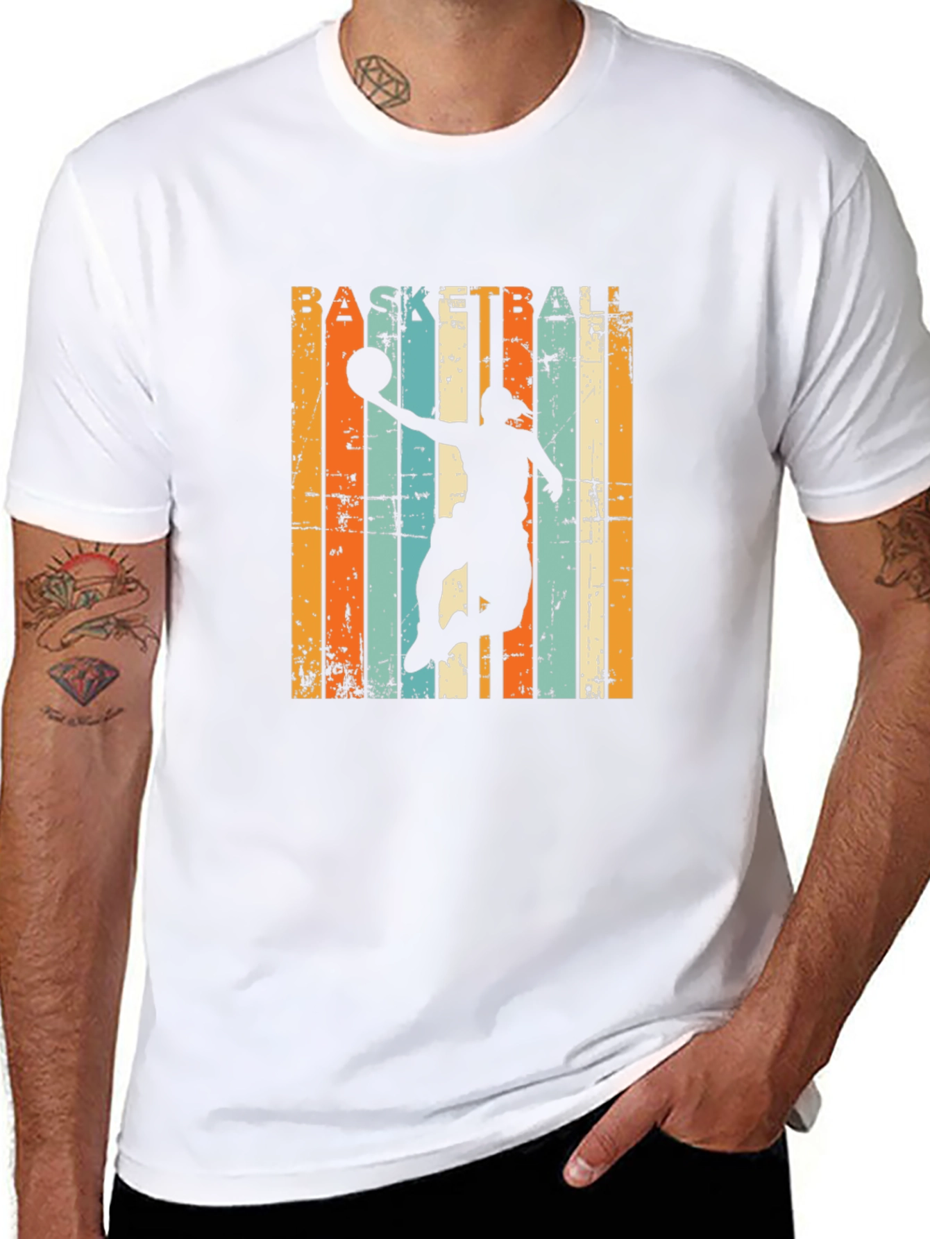 Basketball Silhouette Retro Striped Graphic Tee