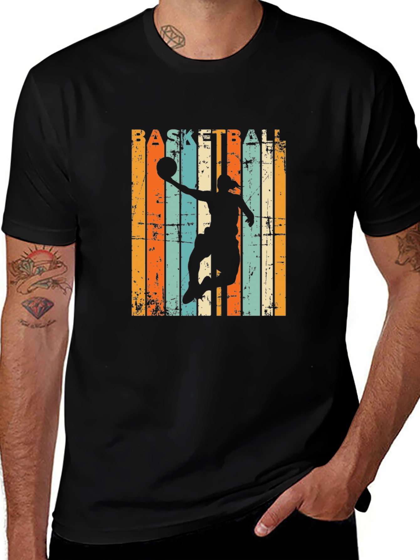 Basketball Silhouette Retro Striped Graphic Tee