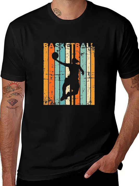 Basketball Silhouette Retro Striped Graphic Tee