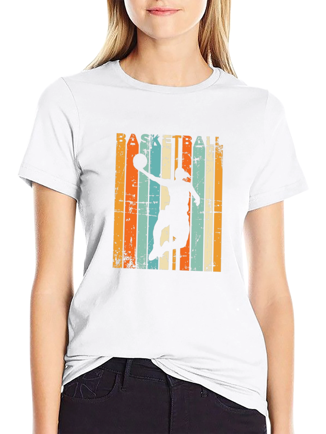Basketball Silhouette Retro Striped Graphic Tee