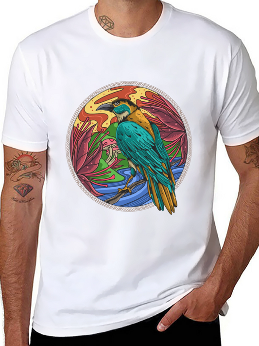 Bird Circle Graphic Print Crew Neck Black T-Shirt