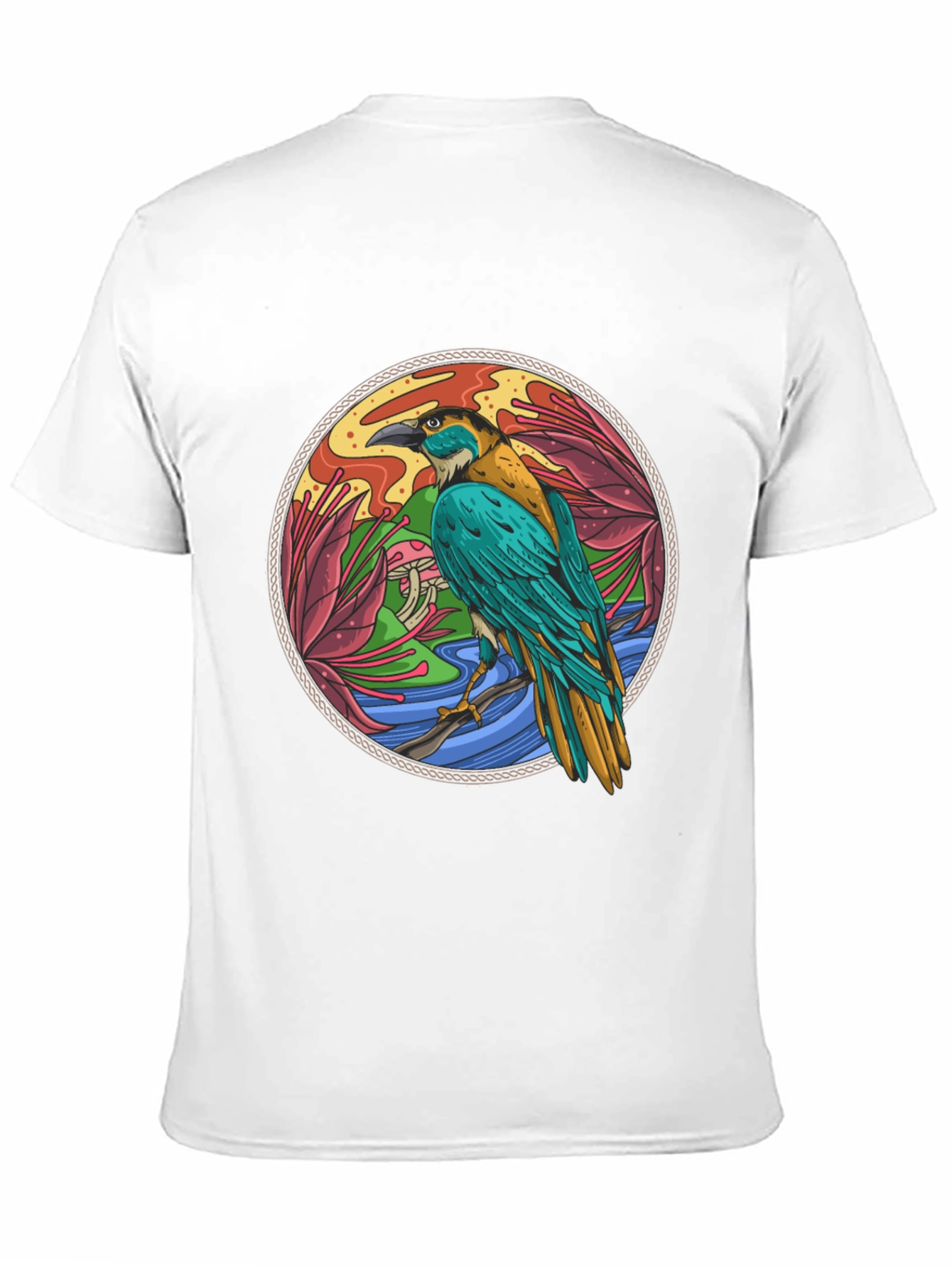 Bird Circle Graphic Print Crew Neck Black T-Shirt