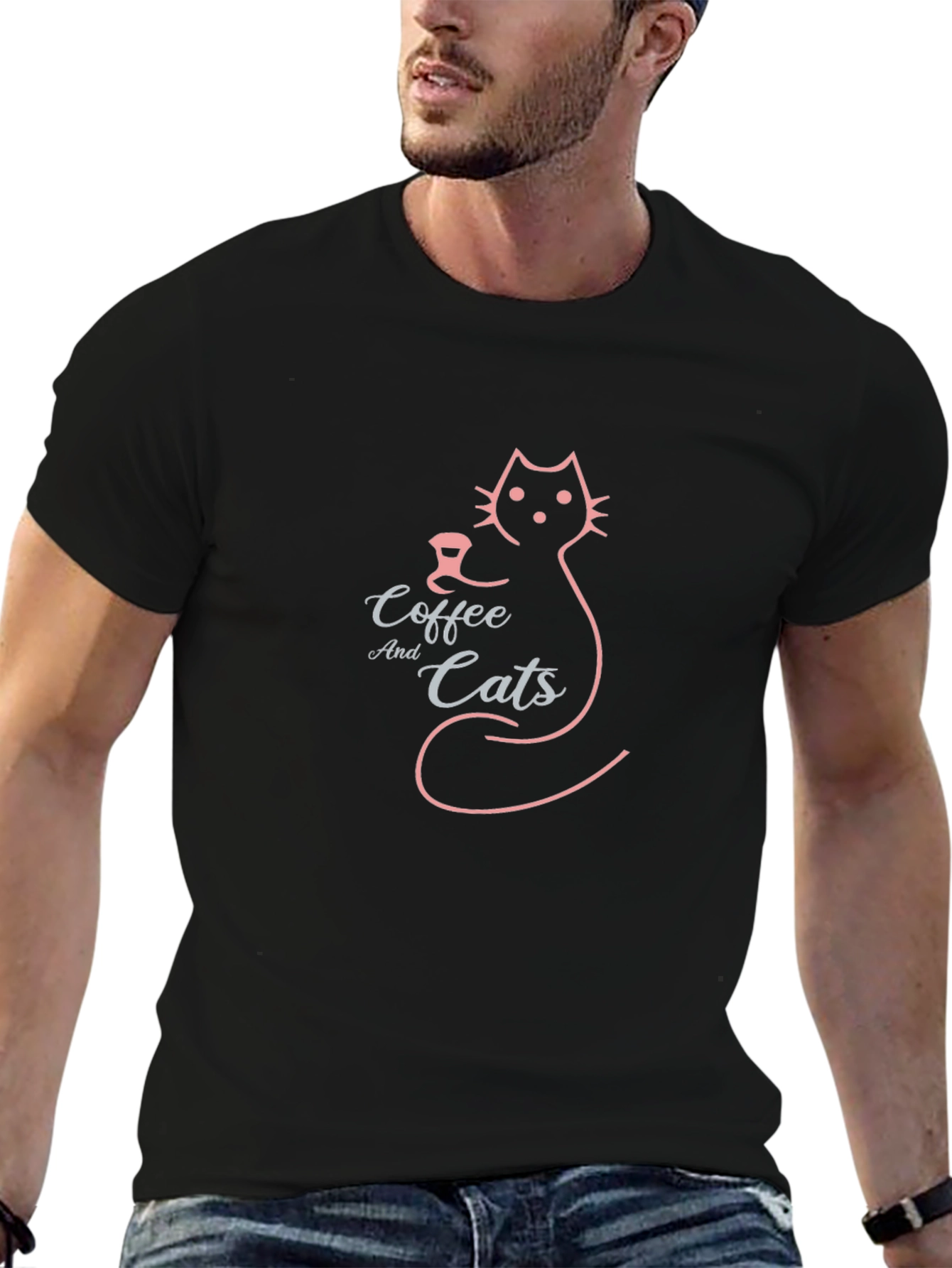 Coffee and Cats Graphic Tee - Black Cotton Blend