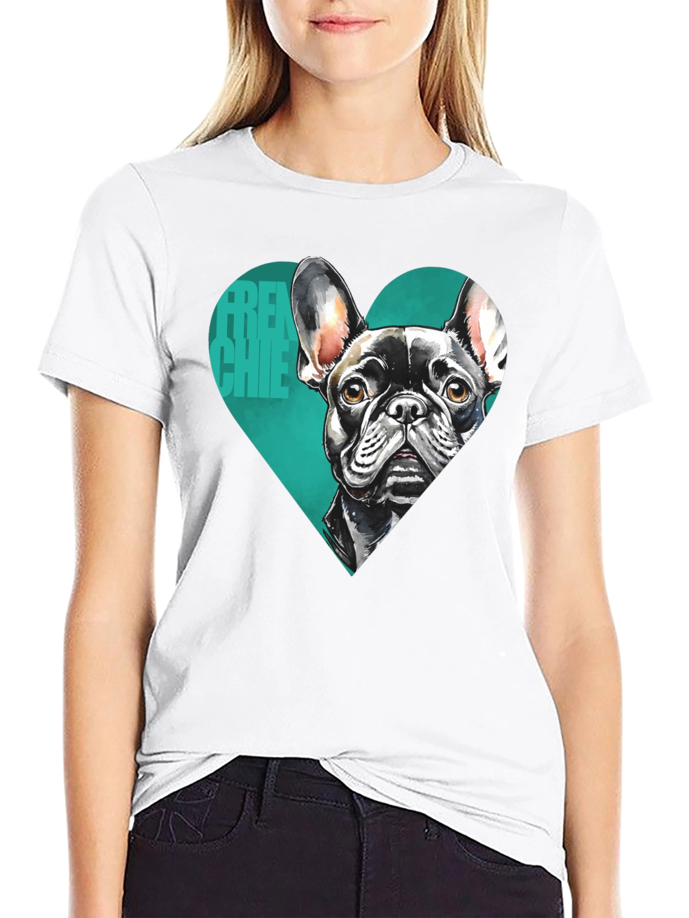 French Bulldog Tee: Heart Graphic Black T-Shirt