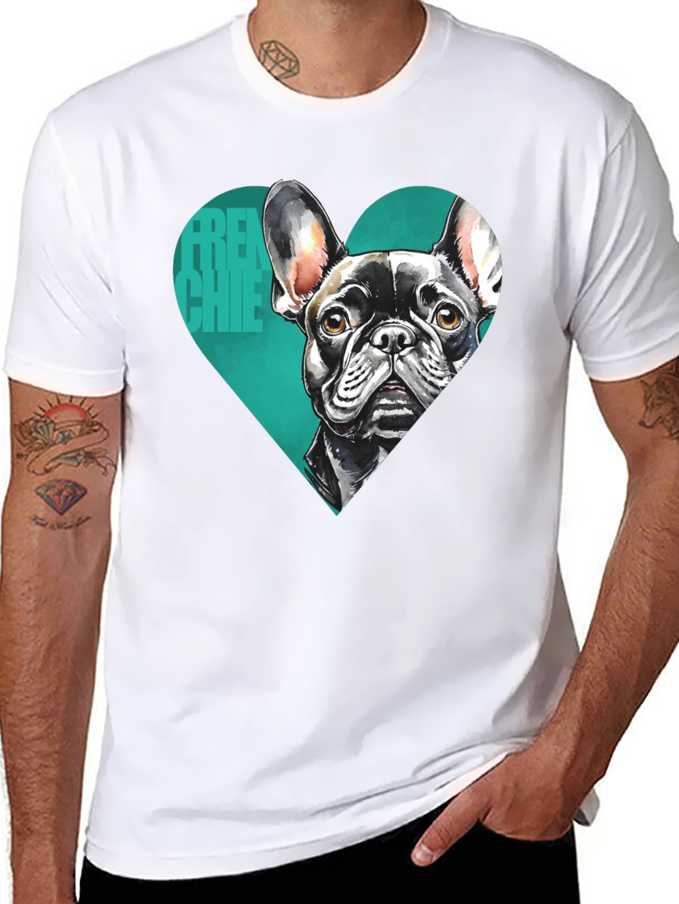 French Bulldog Tee: Heart Graphic Black T-Shirt