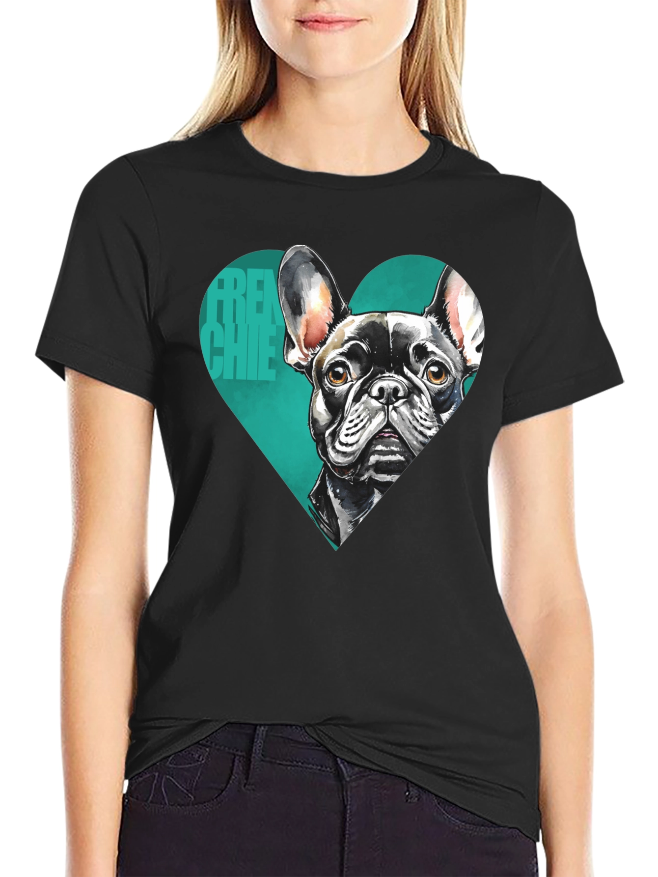 French Bulldog Tee: Heart Graphic Black T-Shirt