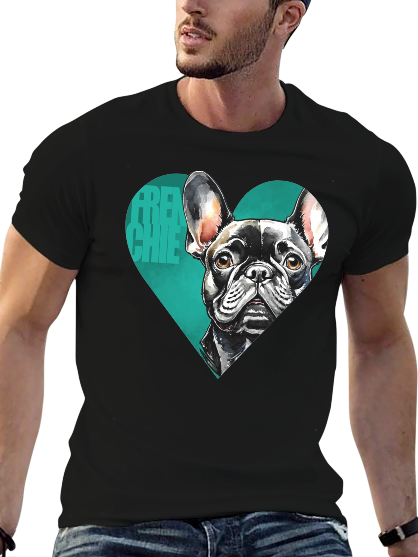 French Bulldog Tee: Heart Graphic Black T-Shirt