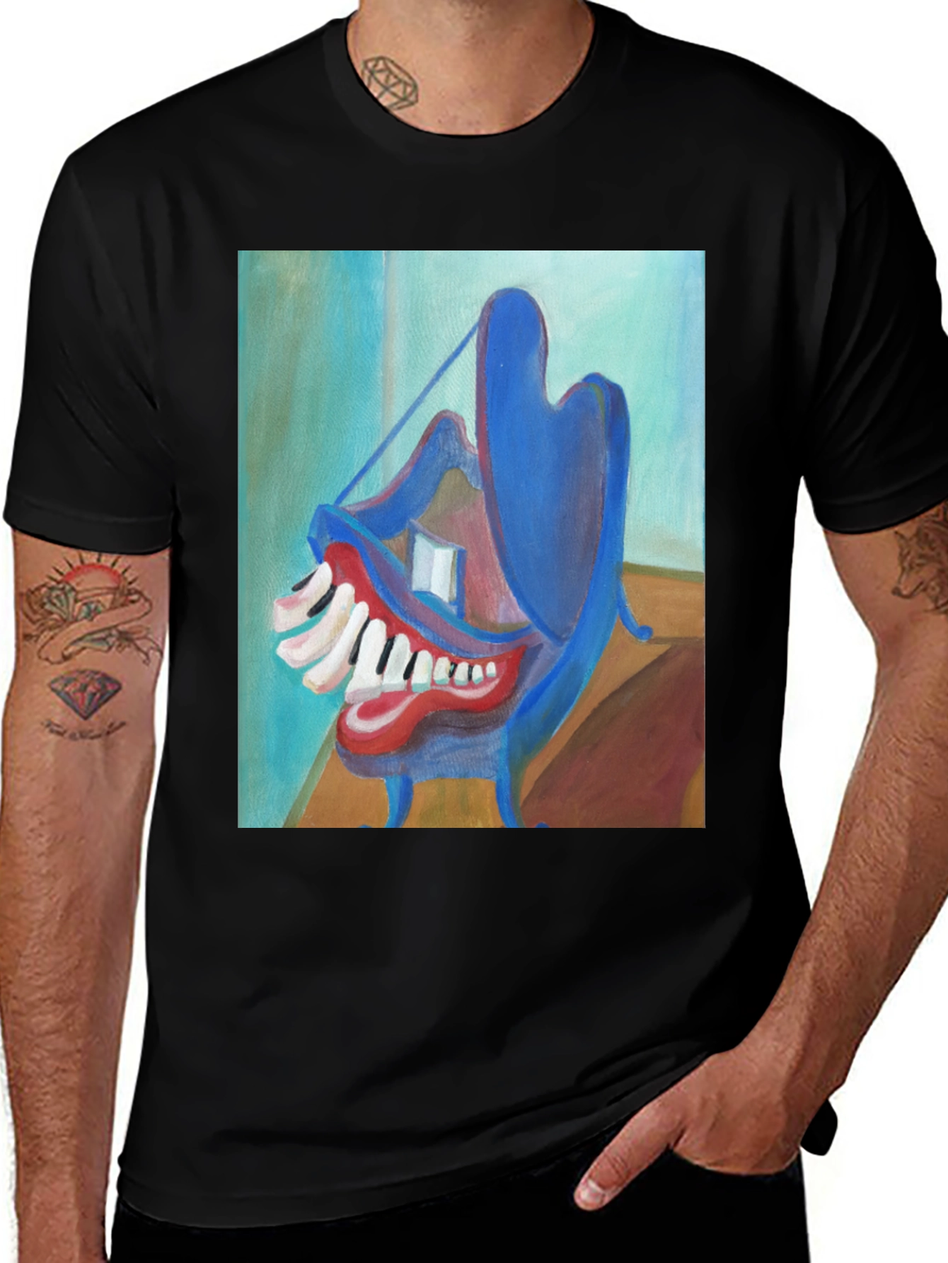 Abstract Teeth Painting on Black T-Shirt