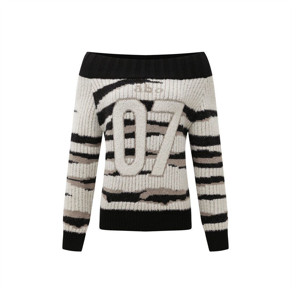Striped Color-block One-shoulder Knit Sweater Women's Casual Knitwear