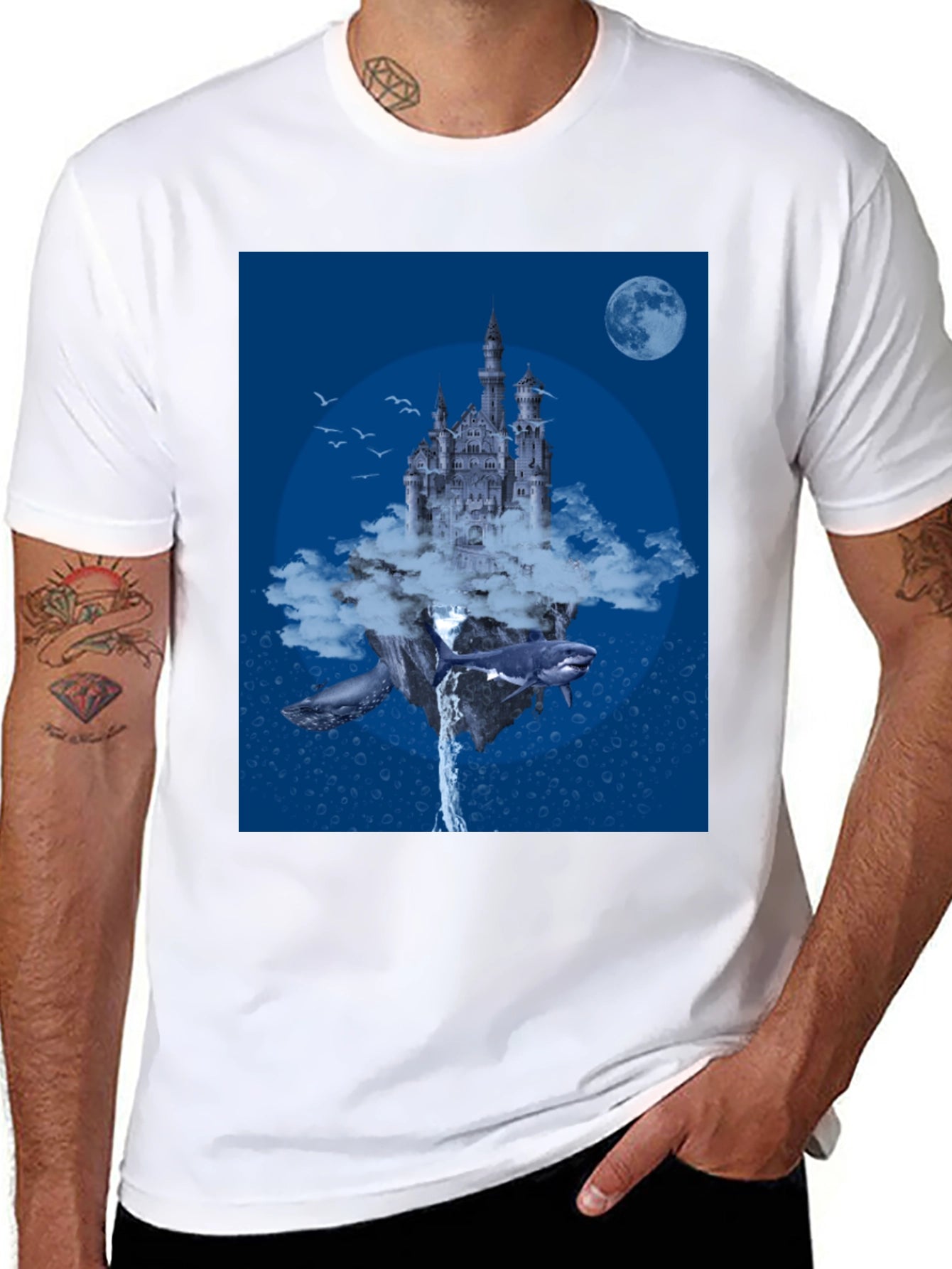 Fantasy Castle Whale Graphic Black T-Shirt