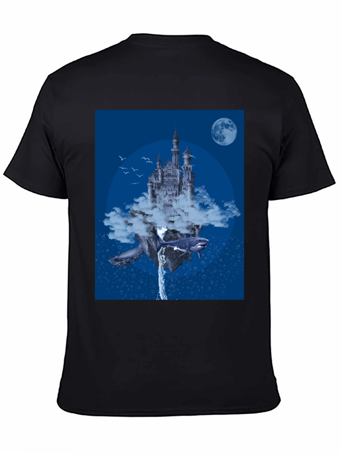 Fantasy Castle Whale Graphic Black T-Shirt