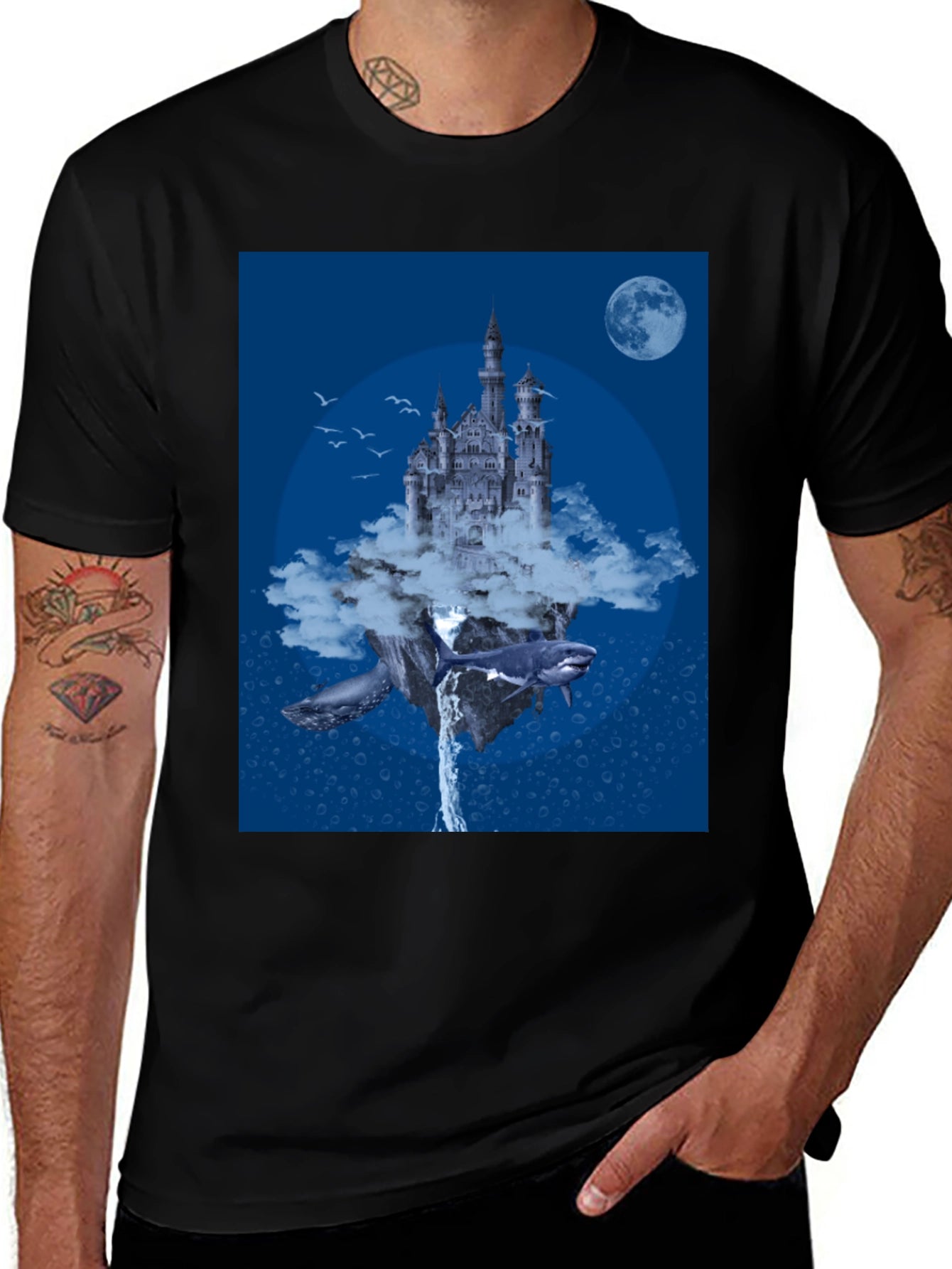 Fantasy Castle Whale Graphic Black T-Shirt