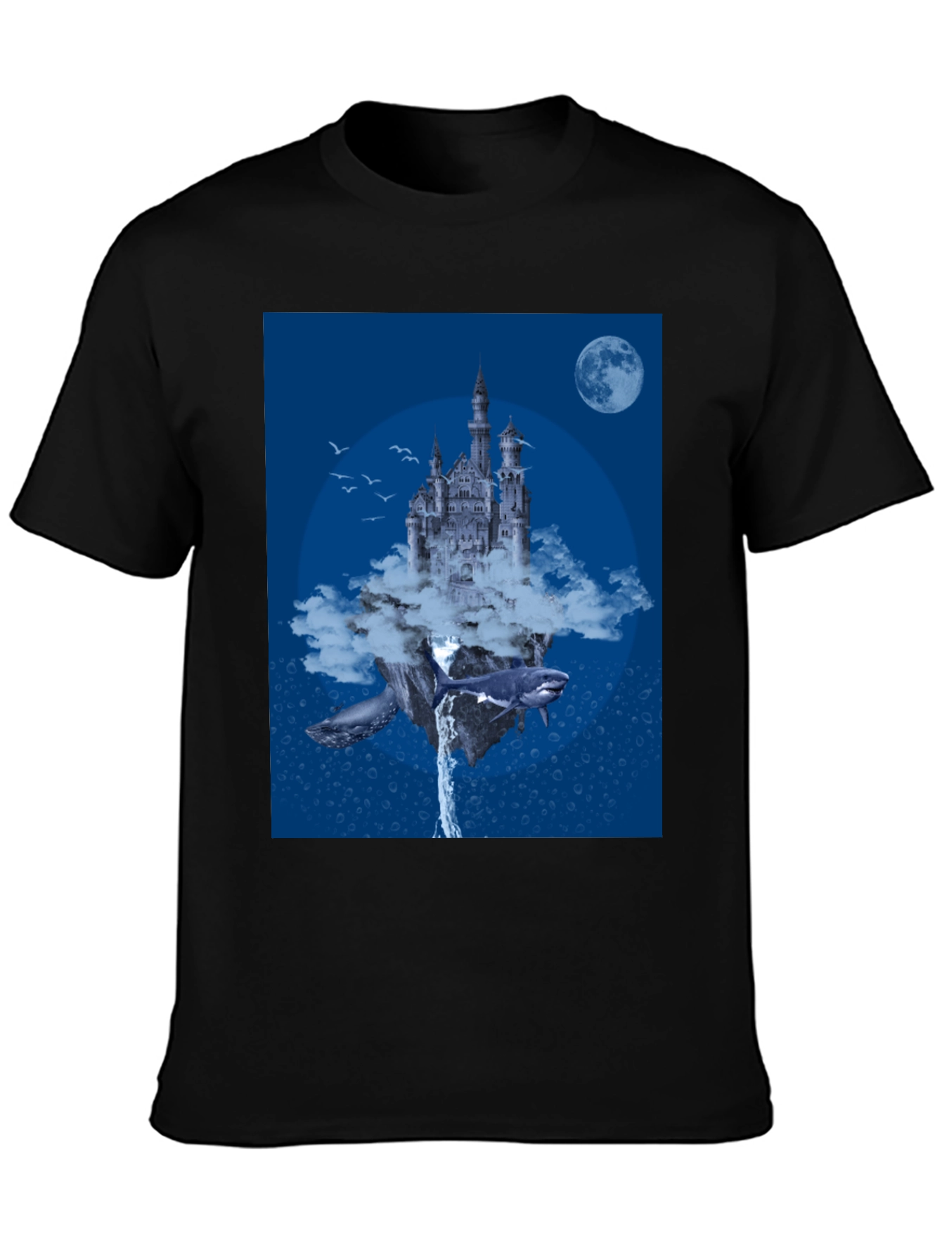 Fantasy Castle Whale Graphic Black T-Shirt