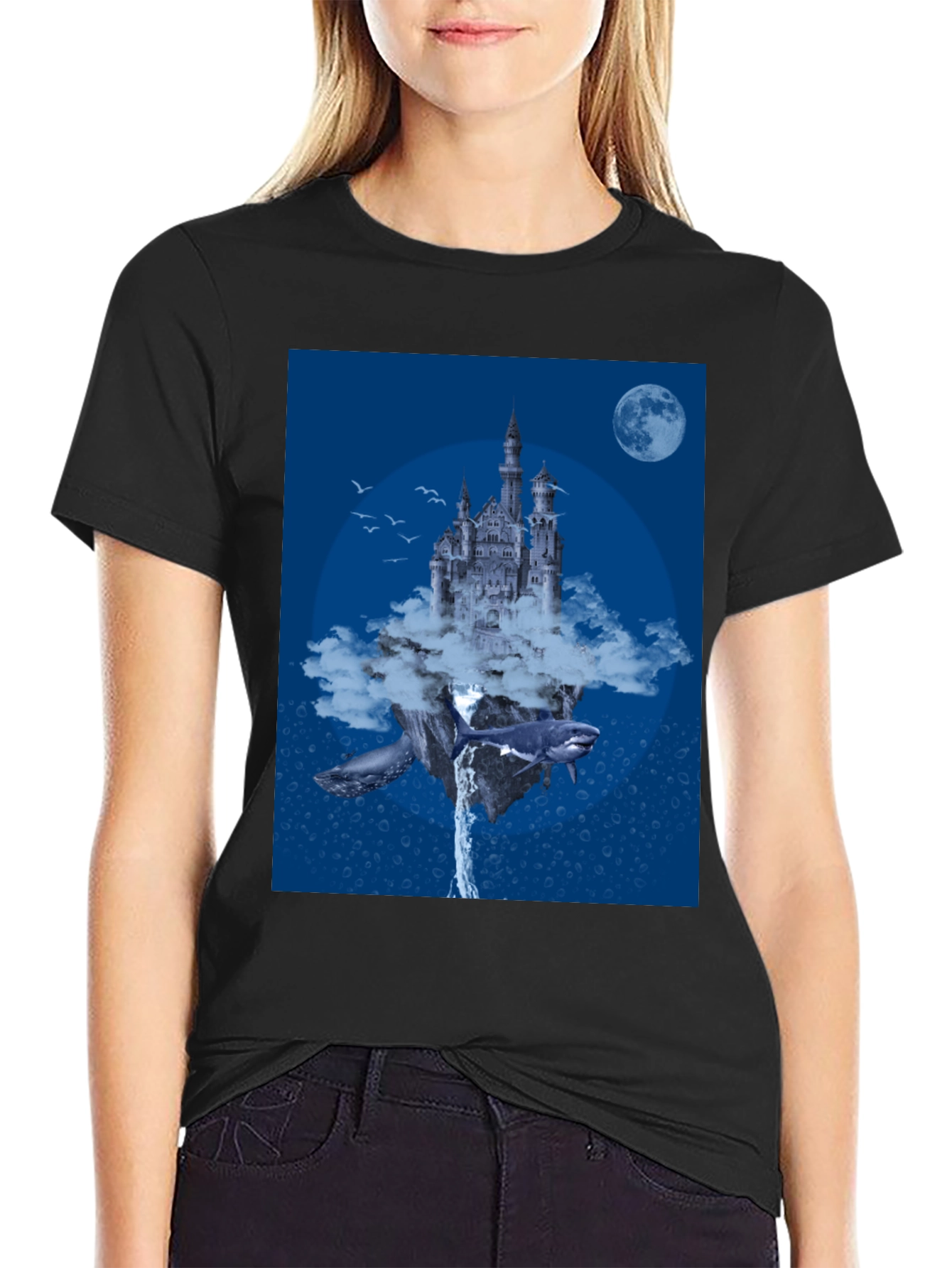 Fantasy Castle Whale Graphic Black T-Shirt