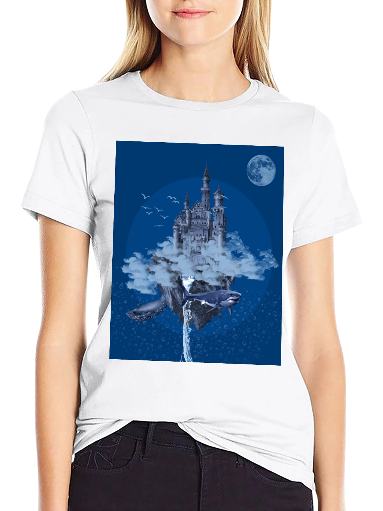 Fantasy Castle Whale Graphic Black T-Shirt