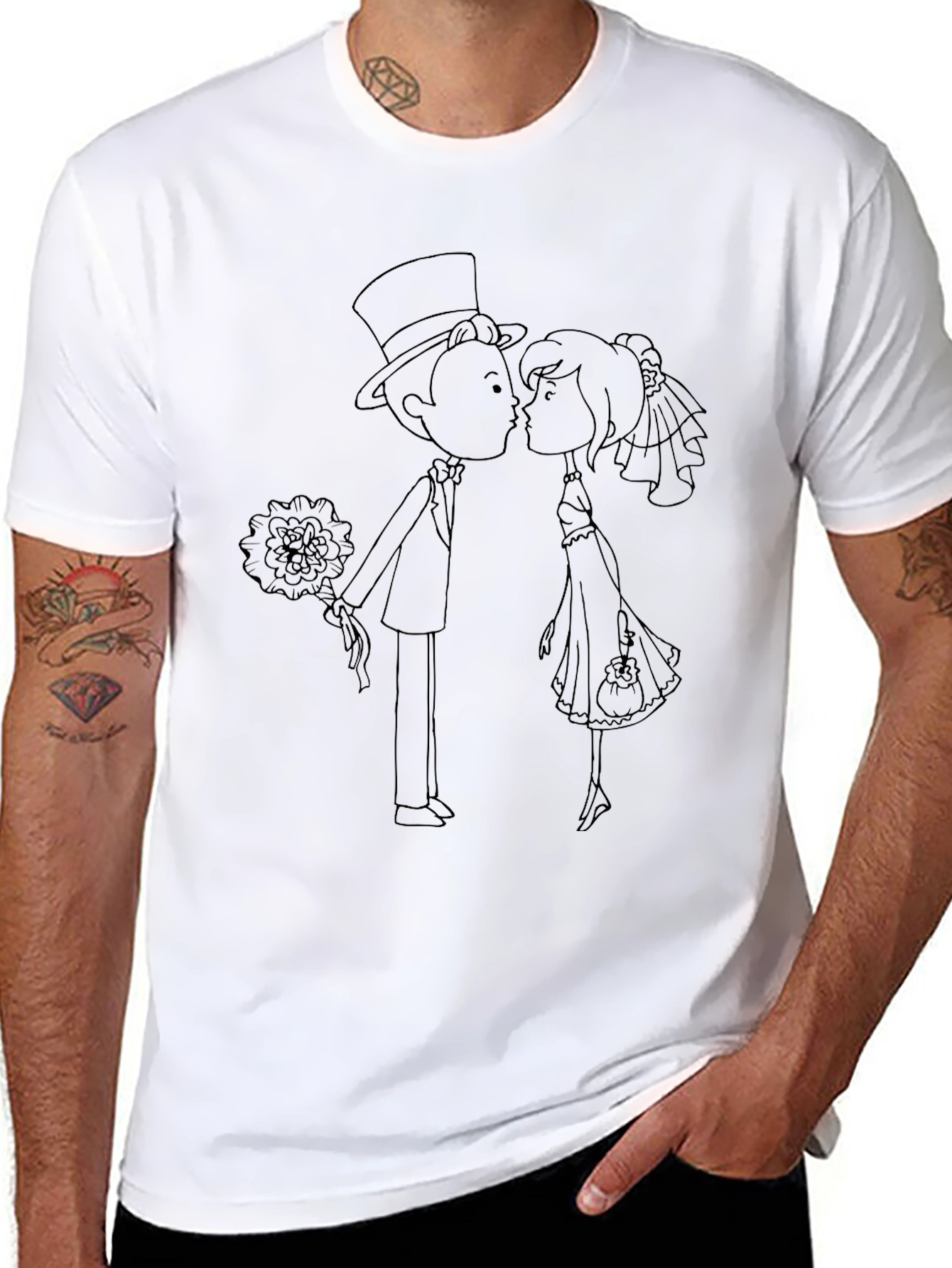 Cartoon Wedding Couple Black T-Shirt