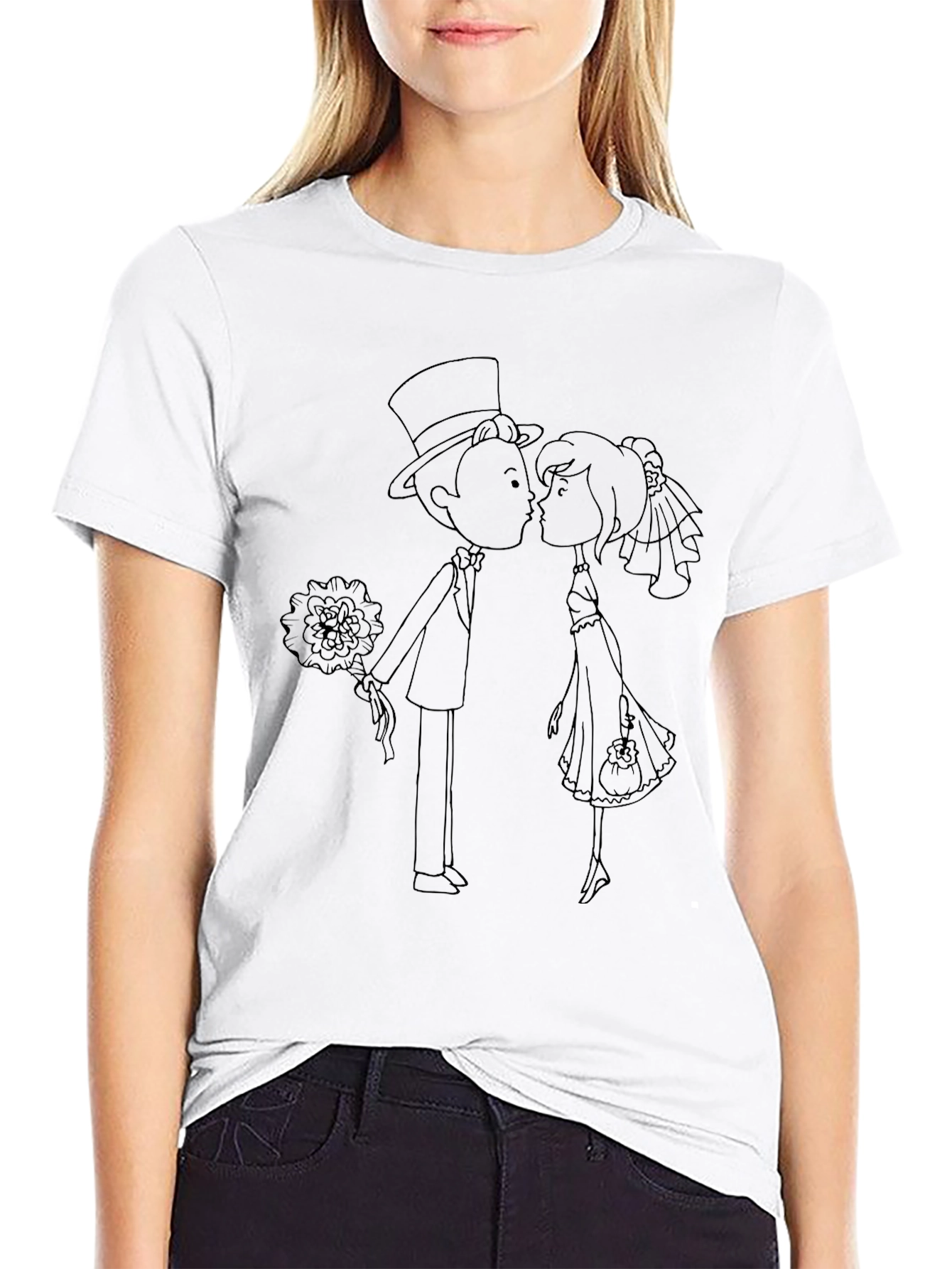 Cartoon Wedding Couple Black T-Shirt