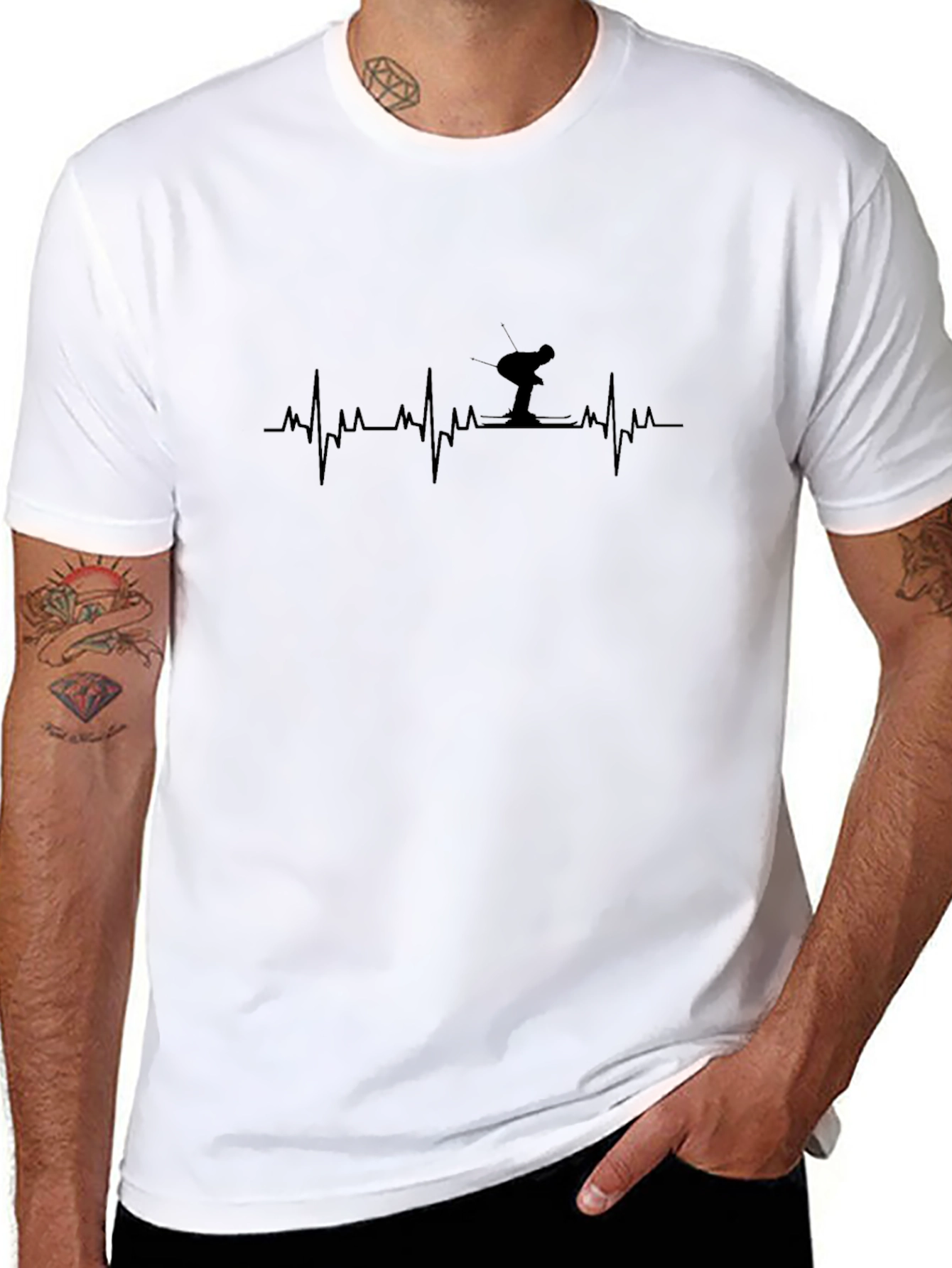 Skiing Heartbeat T-Shirt - Black Cotton Tee